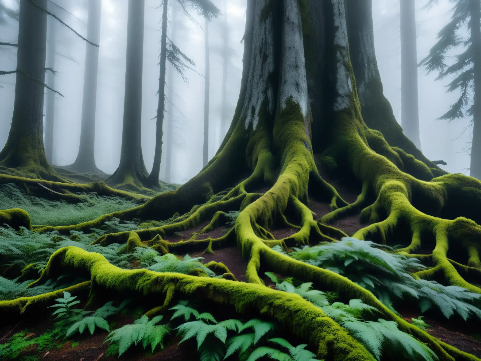 Un bosque neblinoso y misterioso con la montaña nevada en la distancia