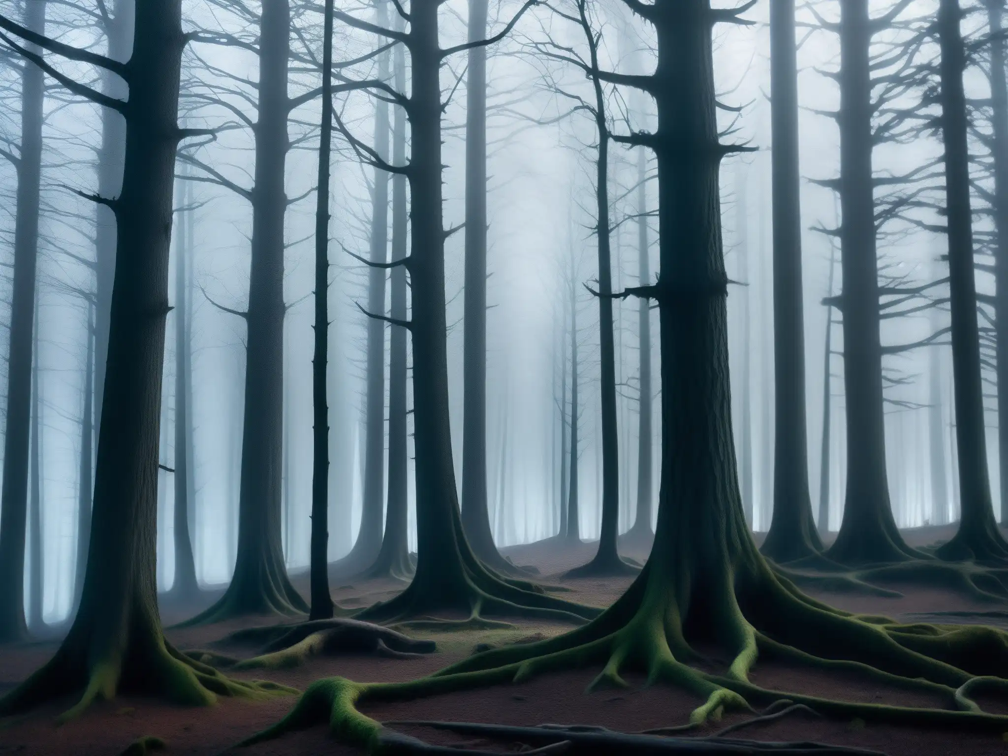 El bosque del Chupacabra: misterio y sombras en la niebla Un bosque neblinoso al anochecer con un misterioso ser y árboles retorcidos