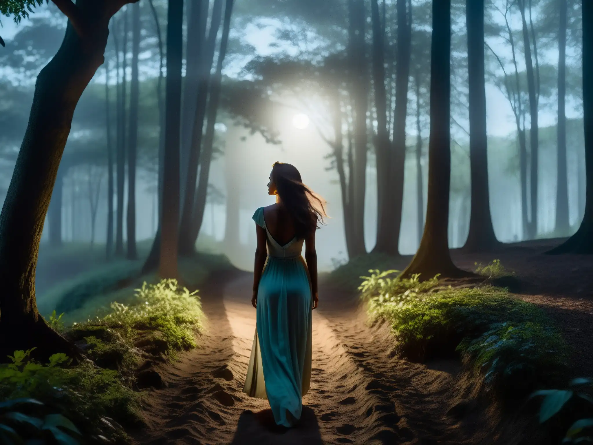 Encanto nocturno: La Cegua en el sendero En el bosque nocturno, la misteriosa La Cegua emerge, evocando miedo y seducción