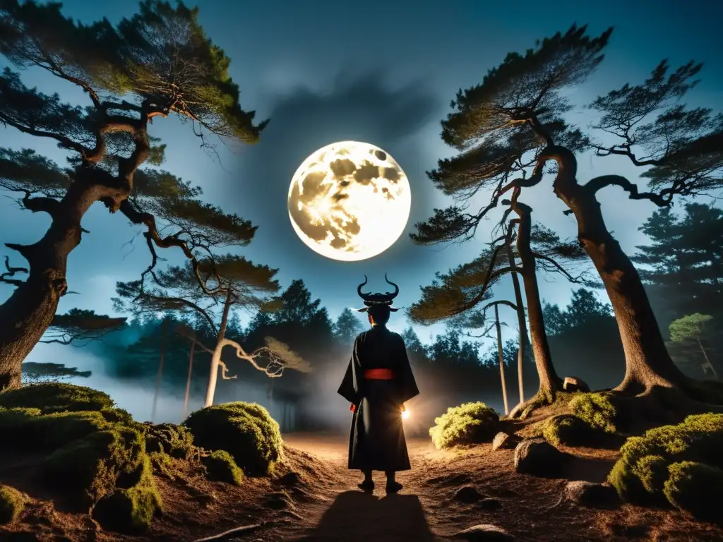 Un bosque oscuro y misterioso de noche, con árboles retorcidos y una figura en ropa japonesa y máscara Noh