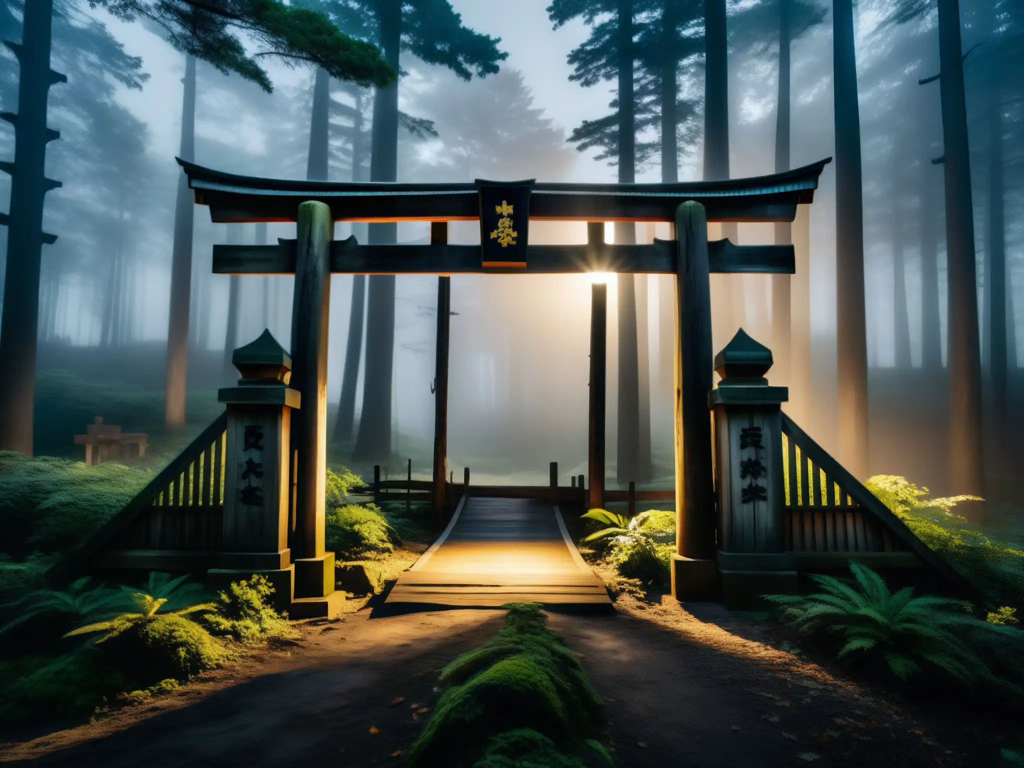 Sendero del terror: la entrada a un bosque japonés embrujado Un bosque oscuro y neblinoso por la noche, con un altar y shimenawas desgastados, evocando leyendas urbanas japonesas videojuegos terror