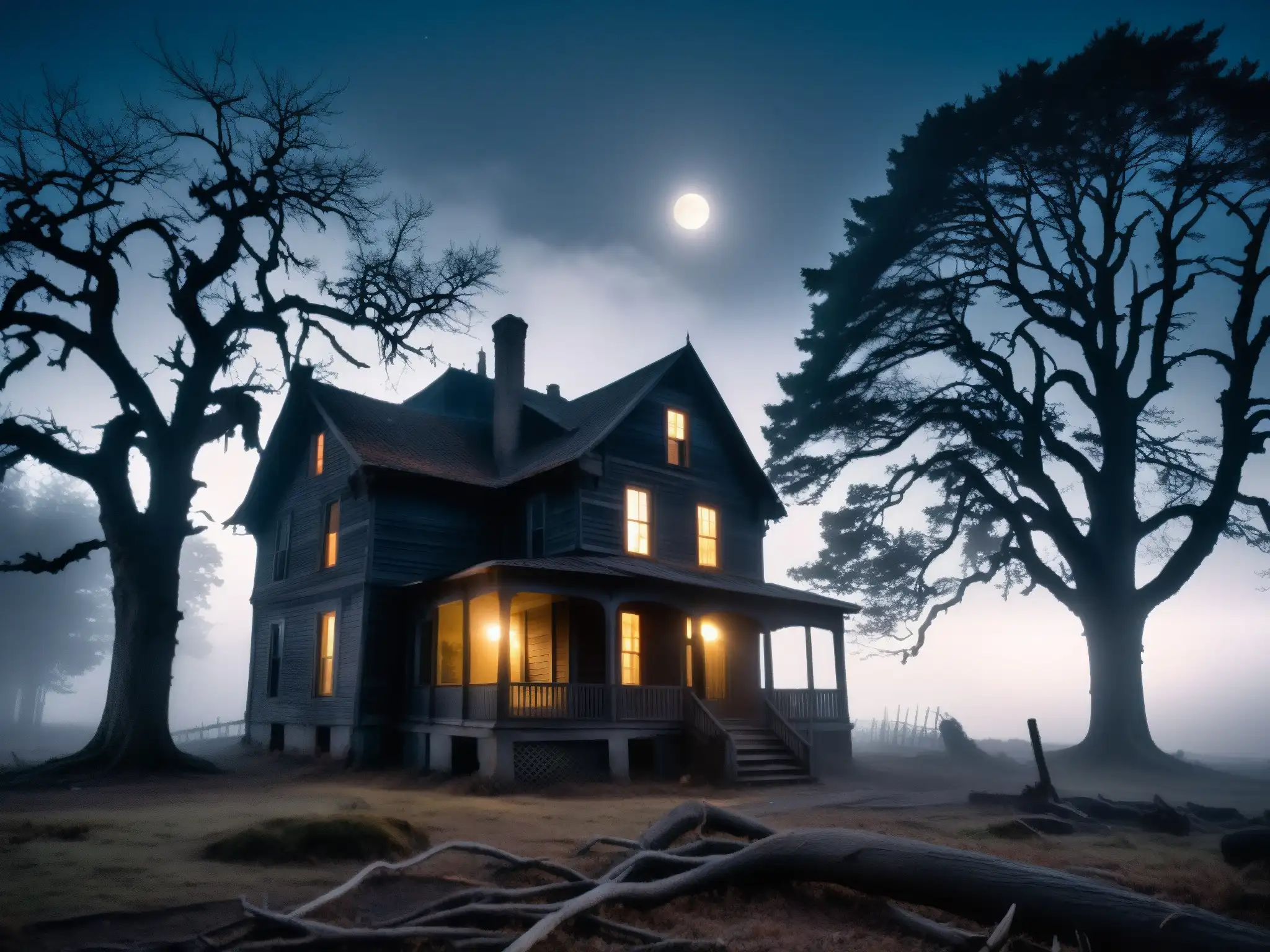 Noche tenebrosa en el bosque: casa abandonada y niebla espesa Un bosque oscuro y tenebroso de noche, con árboles retorcidos y densa niebla