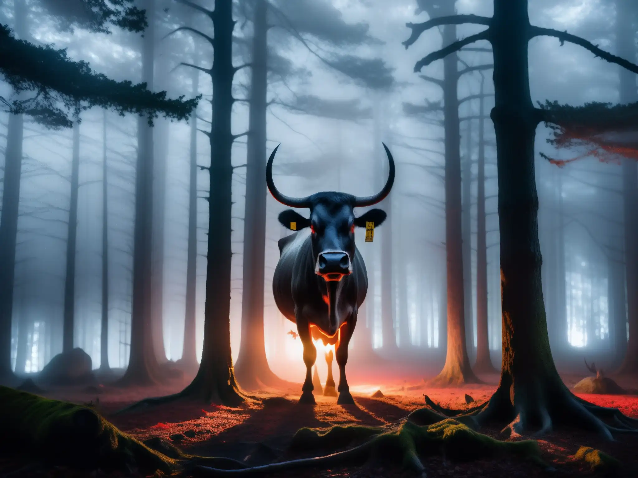 En el bosque sombrío al anochecer, se vislumbra la silueta de una cabeza de vaca con ojos rojos brillantes entre la niebla