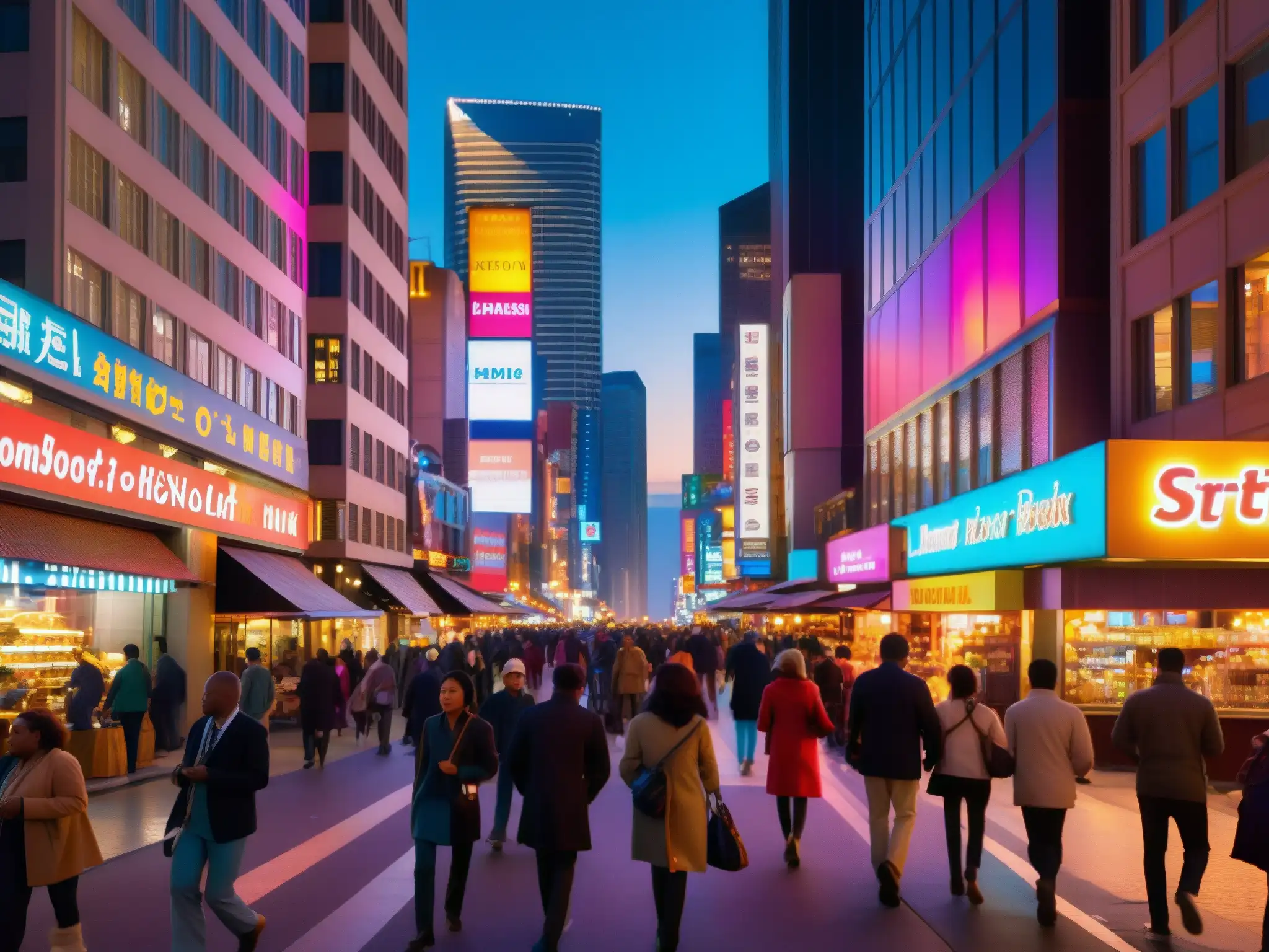 Vibrante vida nocturna en la ciudad: luces, diversidad y misterio Un bullicioso escenario urbano nocturno, con luces de neón y farolas iluminando las calles llenas de gente