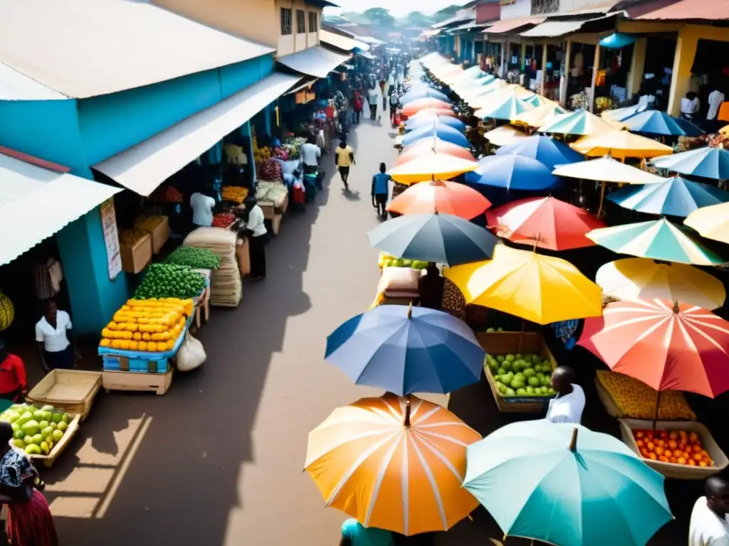 Un bullicioso mercado en Kumasi, Ghana, con vendedores ofreciendo frutas coloridas, telas y artesanías bajo sombrillas vibrantes