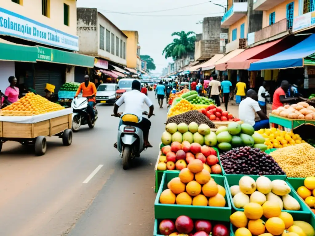 Mercado bullicioso al atardecer en Abidjan, Costa de Marfil Una calle bulliciosa en Abiyán, Costa de Marfil, llena de puestos de mercado coloridos y peatones