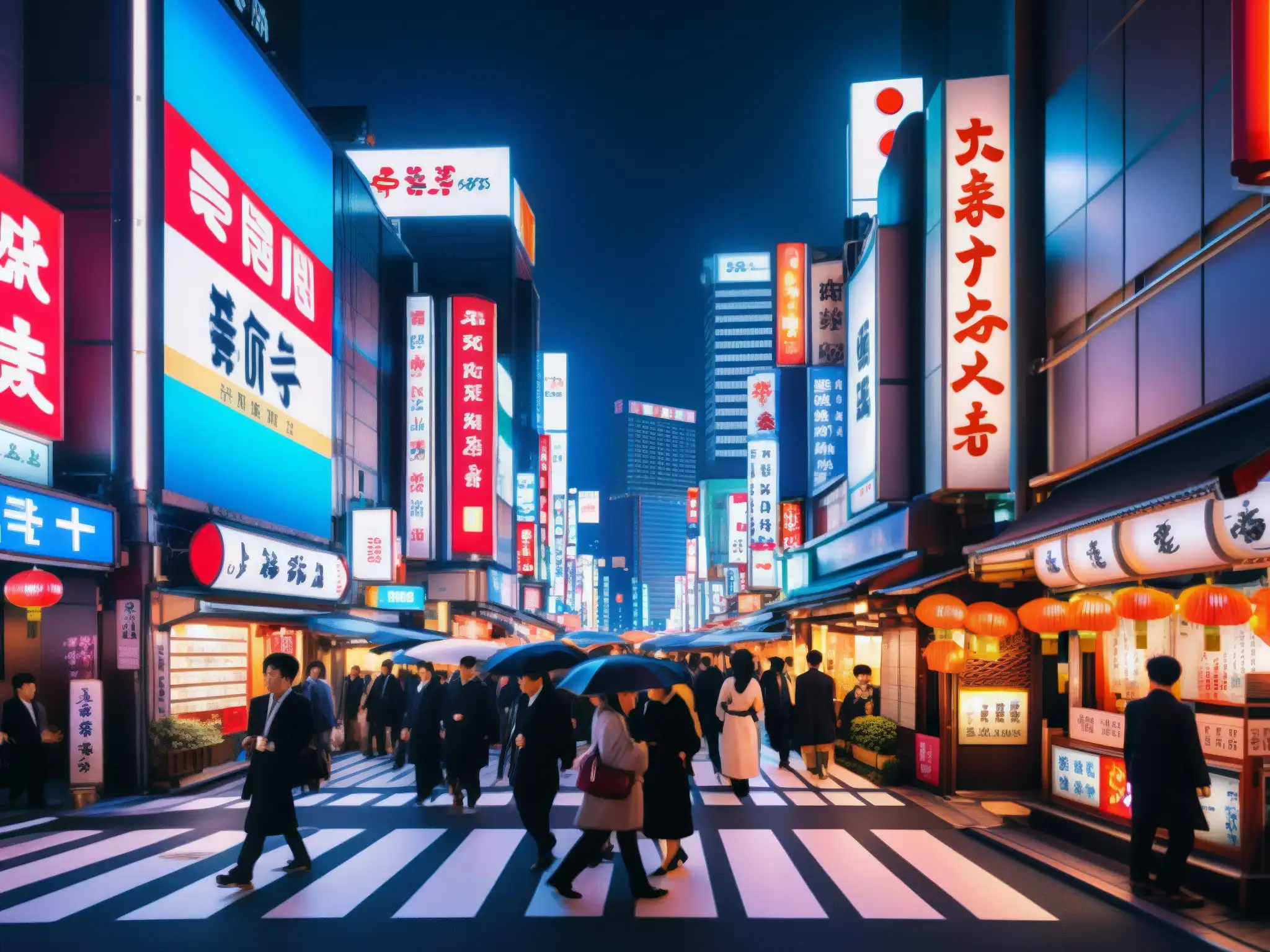 Una calle bulliciosa de Tokio de noche, con letreros de neón, linternas tradicionales y rascacielos modernos