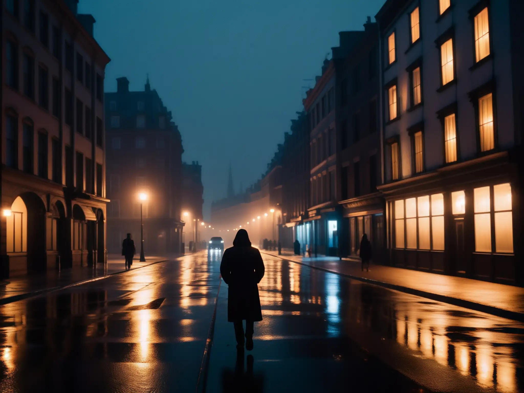 Una calle de la ciudad iluminada débilmente de noche, con figuras sombrías y una atmósfera inquietante