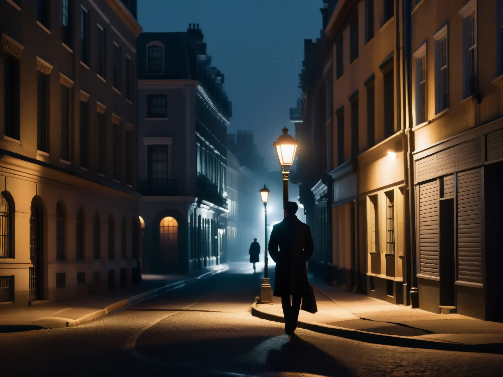 Una calle de la ciudad iluminada tenue en la noche, con una sola farola parpadeante proyectando sombras inquietantes en las paredes de los edificios