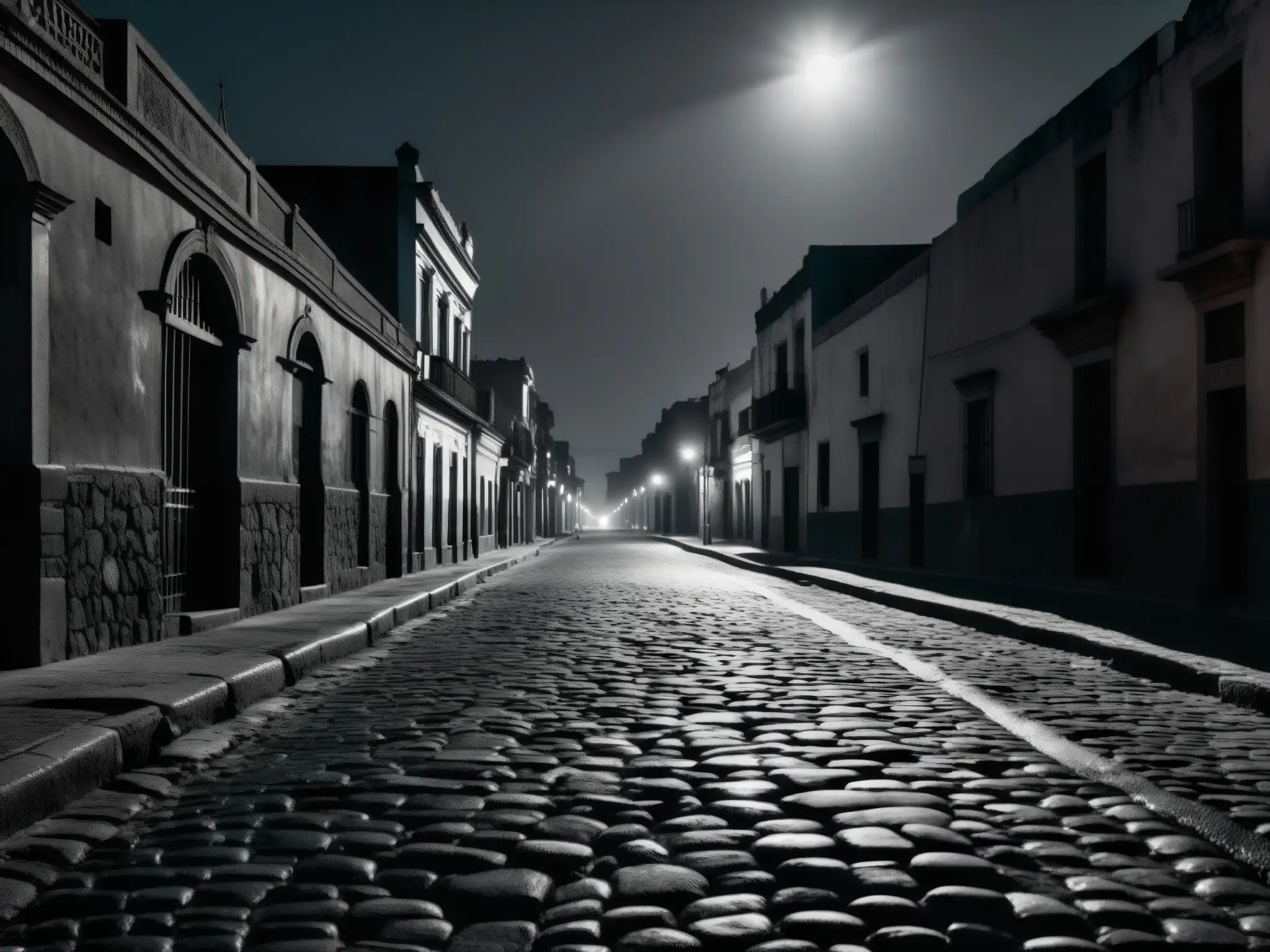 Misteriosa calle desierta de la Ciudad de México en blanco y negro Una calle desolada y lúgubre de la Ciudad de México iluminada por la luna, donde se vislumbra la leyenda urbana de La Llorona