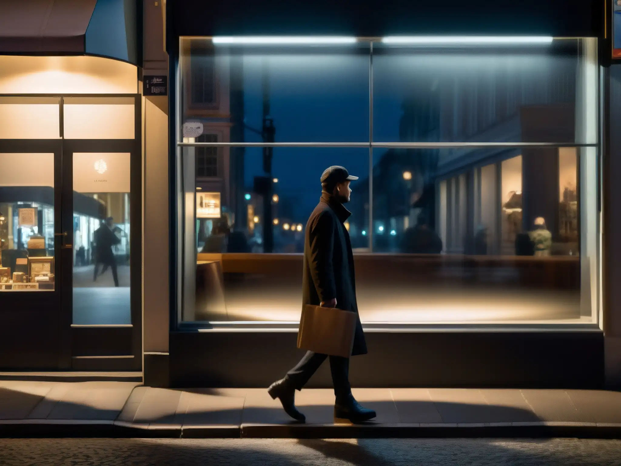 Una calle nocturna con atmósfera misteriosa, figura borrosa y su reflejo en la ventana