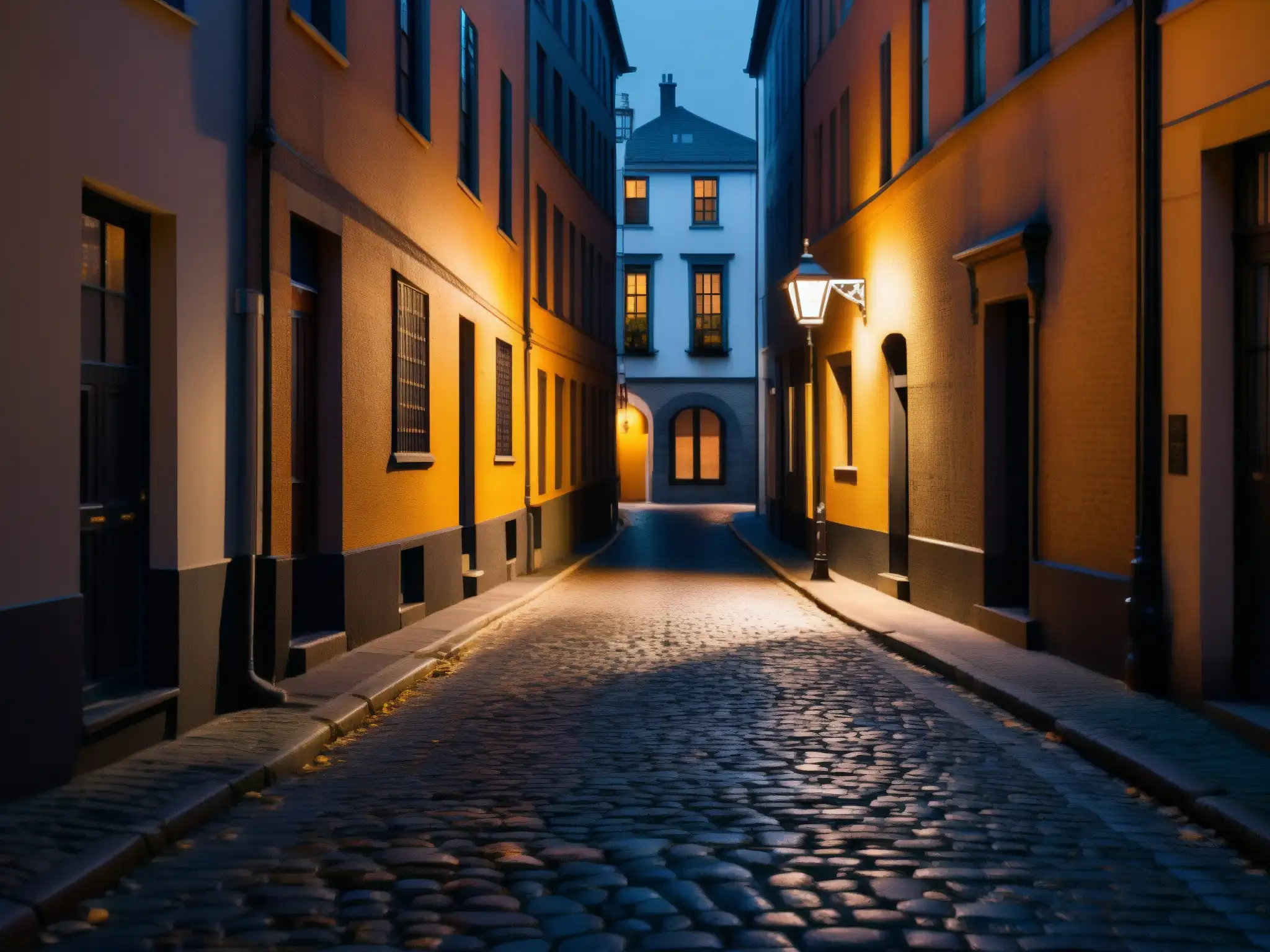 Calles desiertas de la ciudad: misterio y sombras en la noche Una calle nocturna desierta, iluminada por una tenue luz anaranjada, con sombras misteriosas y un aura de mitos urbanos y suspenso