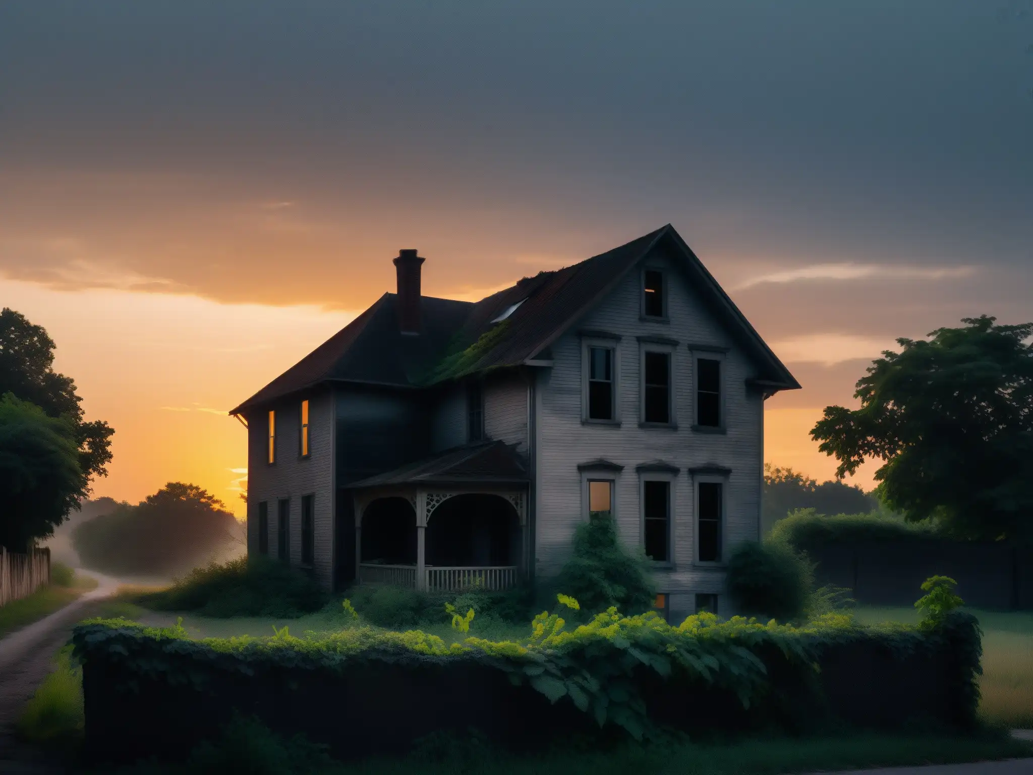 Esquina sombría: la casa abandonada y el misterio urbano Un rincón de la calle en penumbra al anochecer, con la silueta de una vieja casa abandonada en el fondo