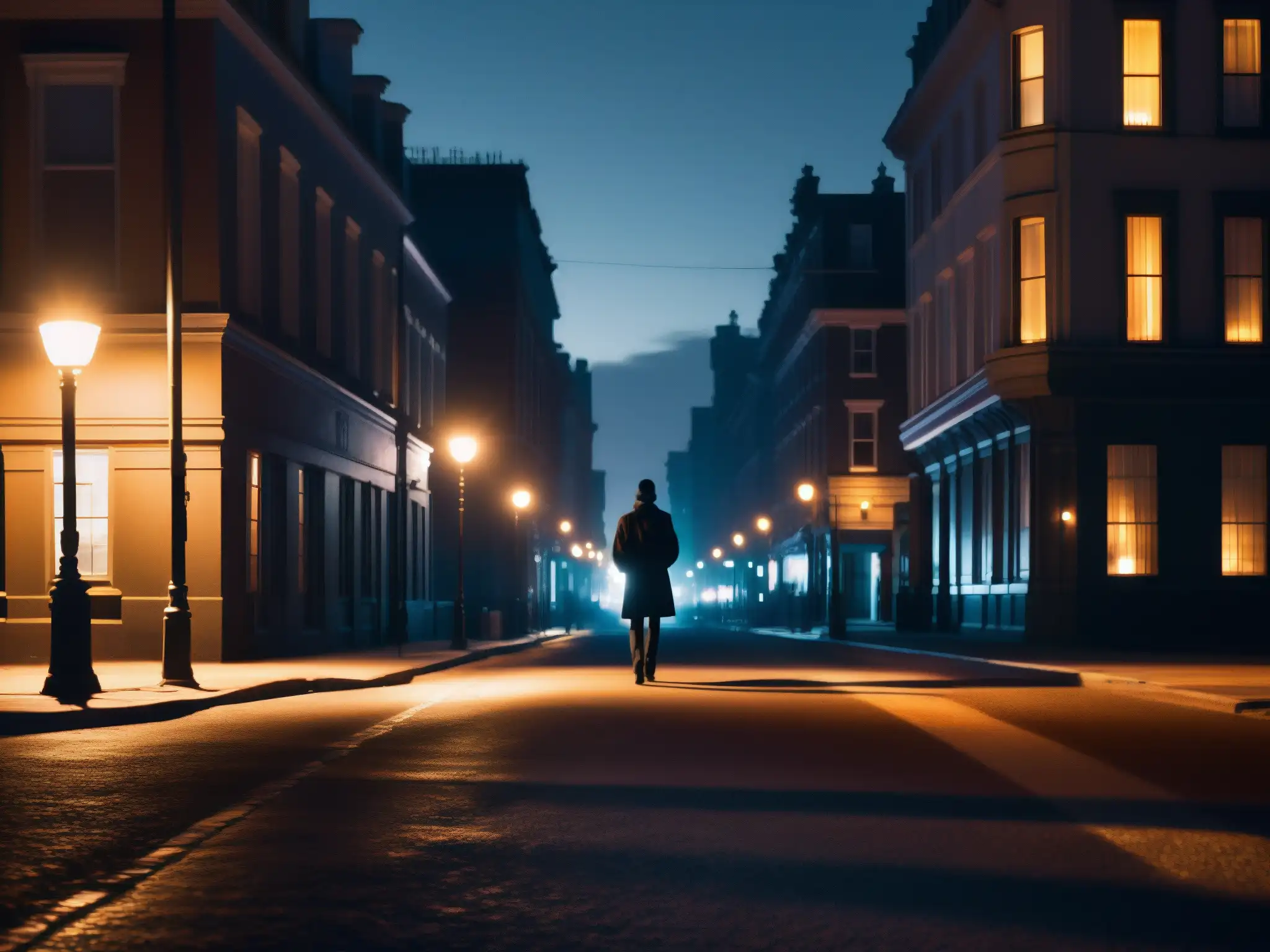 Una calle urbana oscura iluminada por farolas, con una figura en silueta