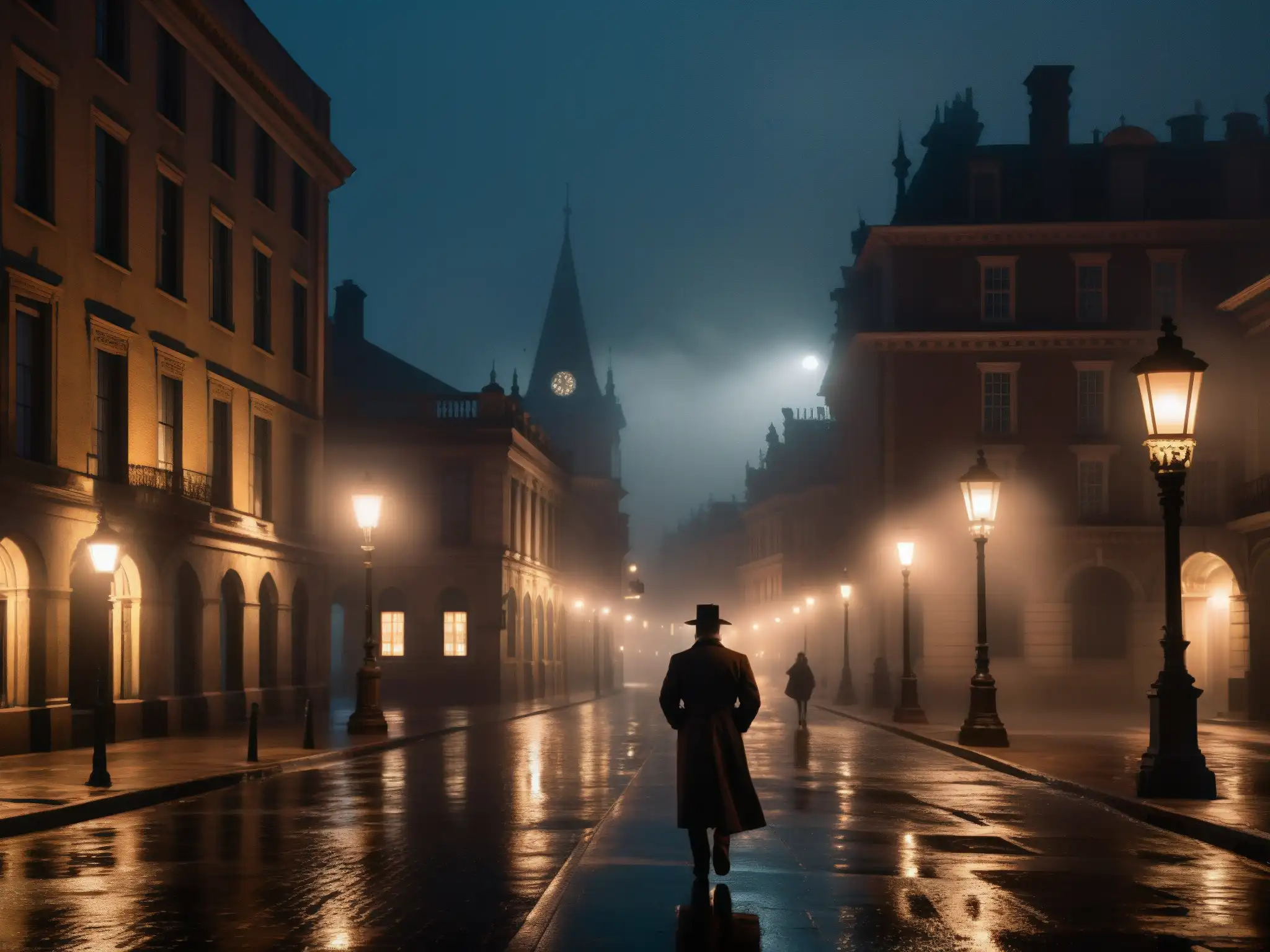 Una calle urbana sombría y misteriosa, con neblina y sombras alargadas, creando impacto psicológico en leyendas urbanas