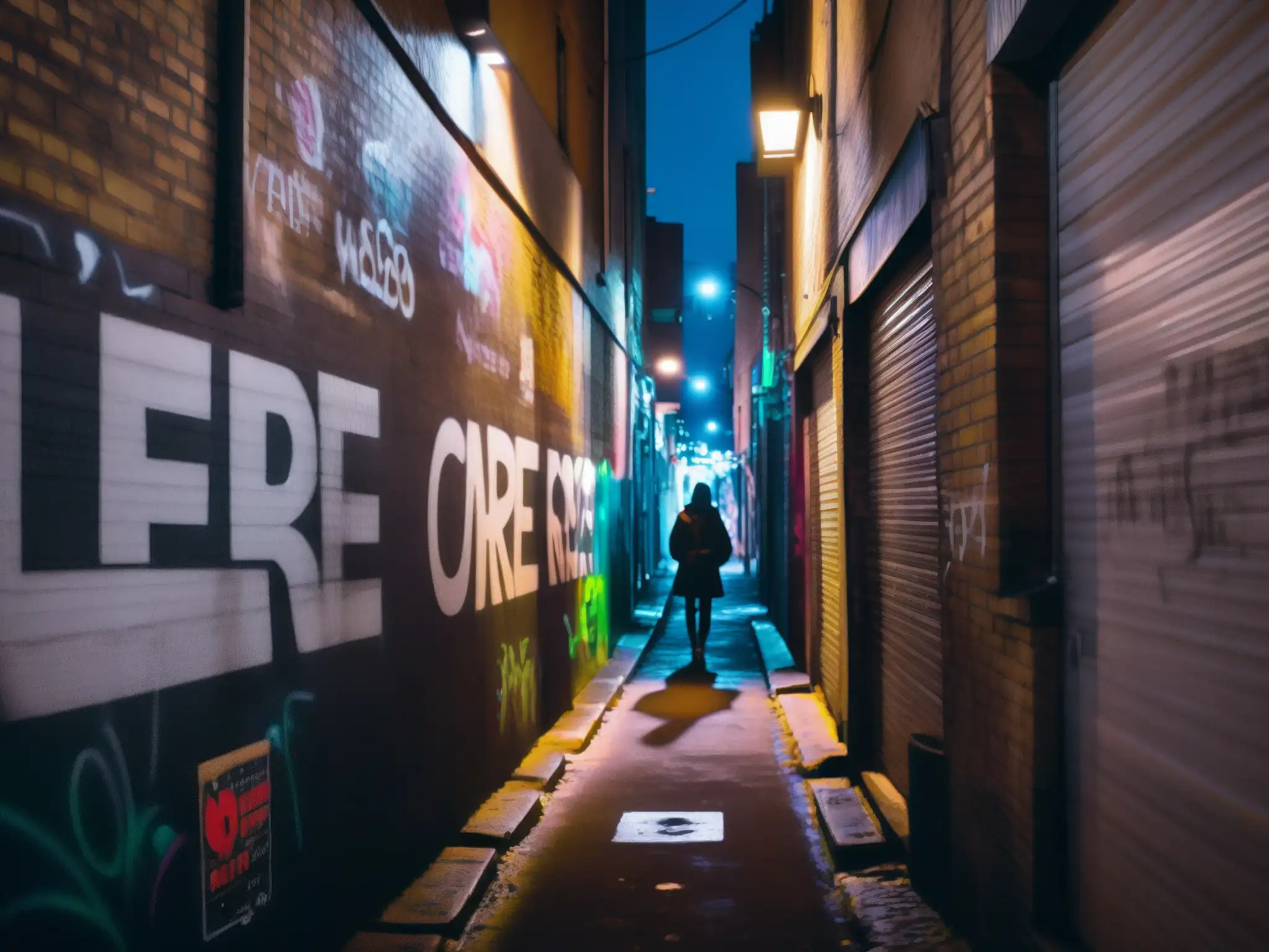 Alley misterioso en la ciudad de noche: sombras y graffiti Un callejón estrecho y oscuro en una ciudad bulliciosa de noche