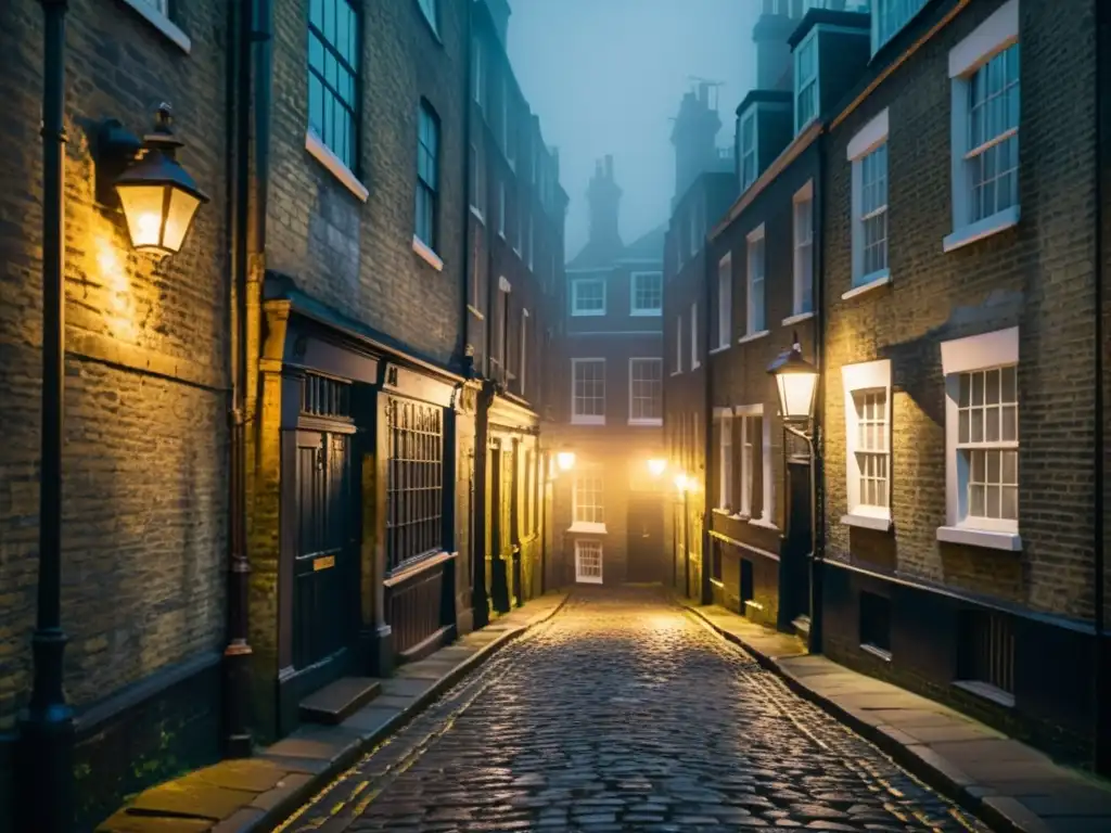 Alleyway Victorian London: misterio y decadencia Un callejón lúgubre de la Londres victoriana, con faroles de gas y una atmósfera que evoca la siniestra leyenda de Jack Destripador