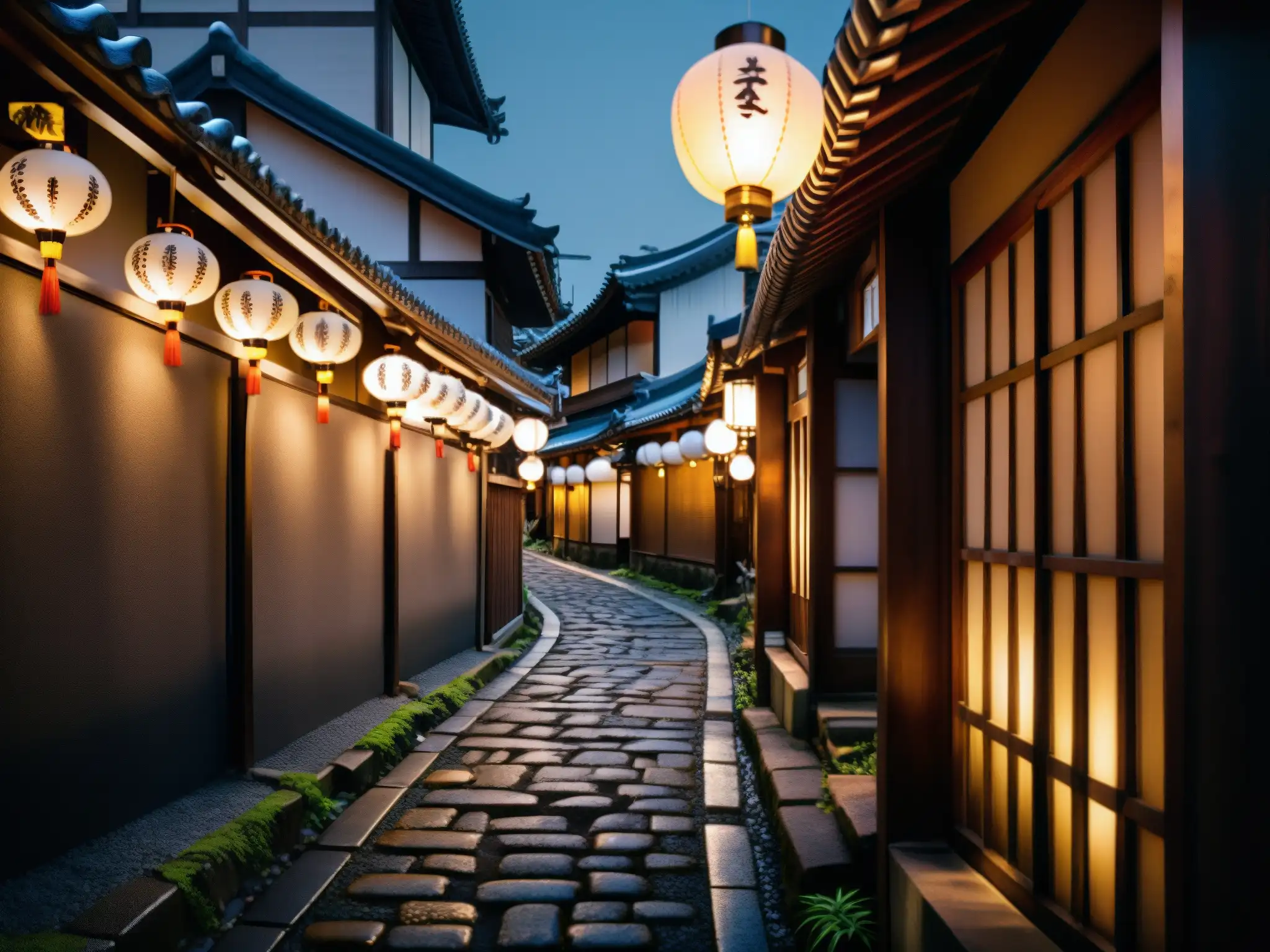Un callejón misterioso en Tokio con linternas tradicionales y edificios antiguos, evocando misterio y leyendas urbanas japonesas