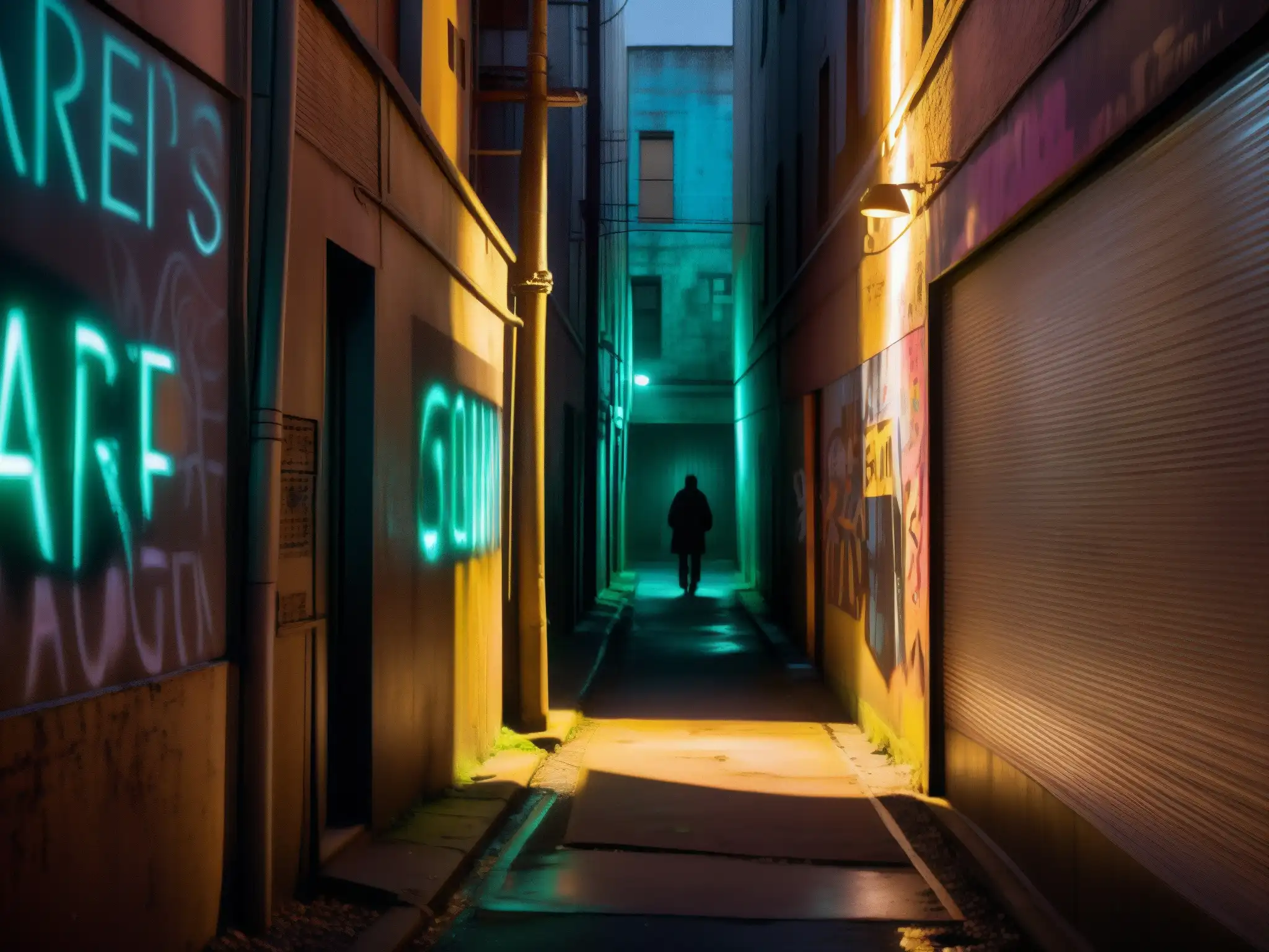 Alleyway misterioso con figura sombría Un callejón misterioso y lúgubre con grafitis en las paredes, luces parpadeantes y una figura sombría