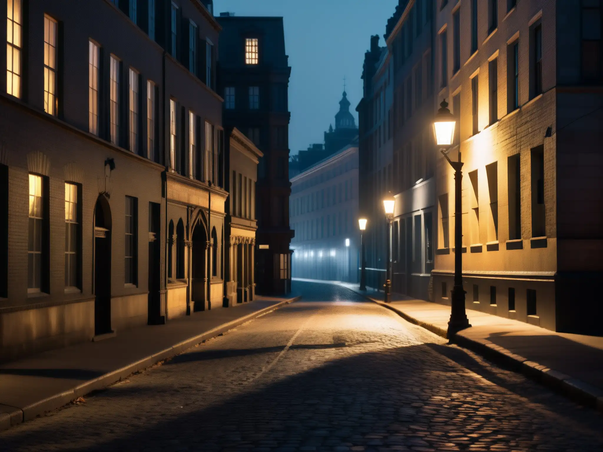 Un callejón oscuro de la ciudad de noche, con sombras alargadas y una figura solitaria caminando