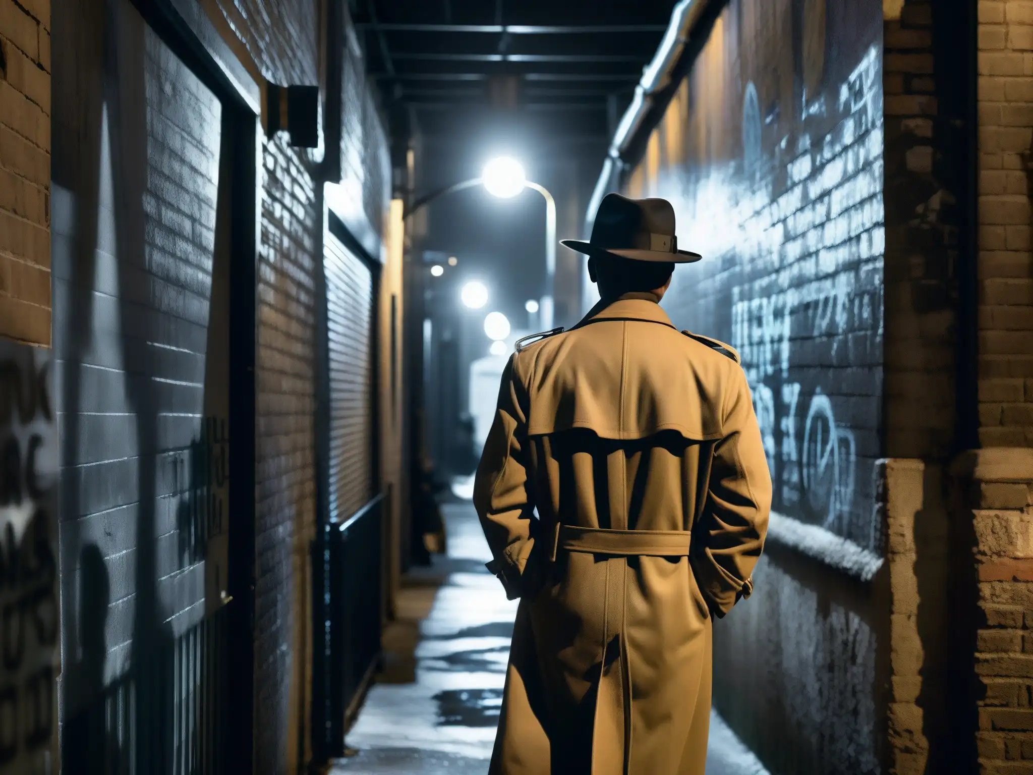Misterioso callejón urbano: documentales y leyendas Un callejón oscuro y misterioso de la ciudad, con grafitis y sombras