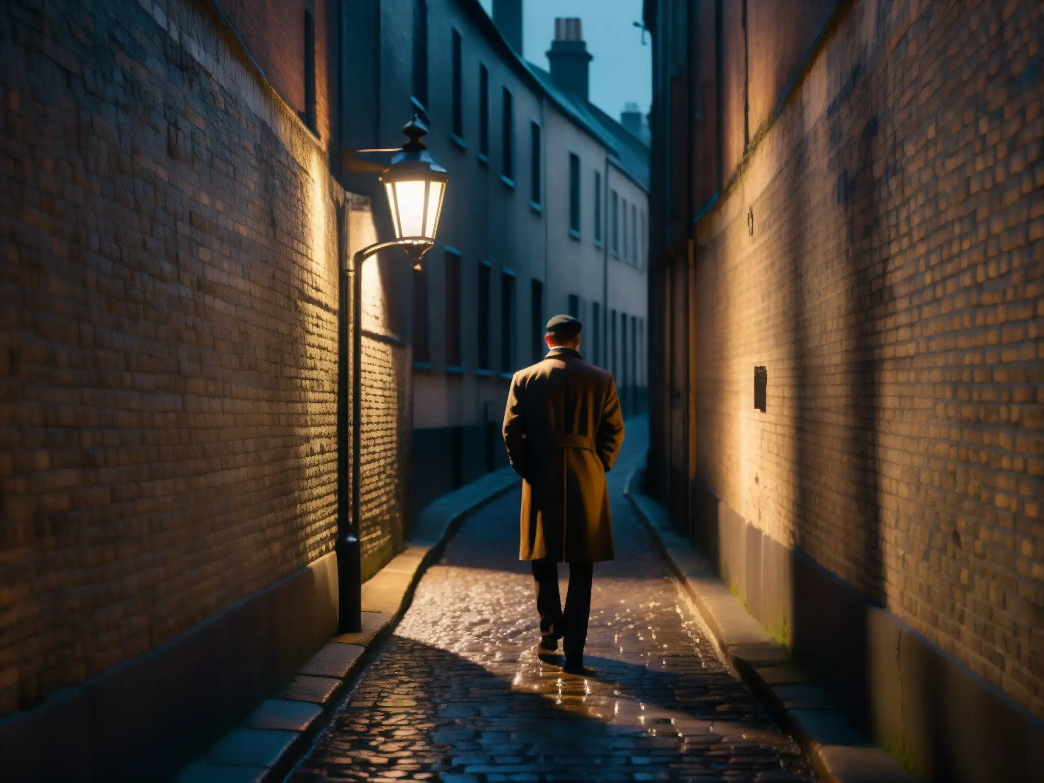 Misterioso callejón nocturno con figura en la distancia Un callejón oscuro y misterioso, donde una figura se distingue a lo lejos