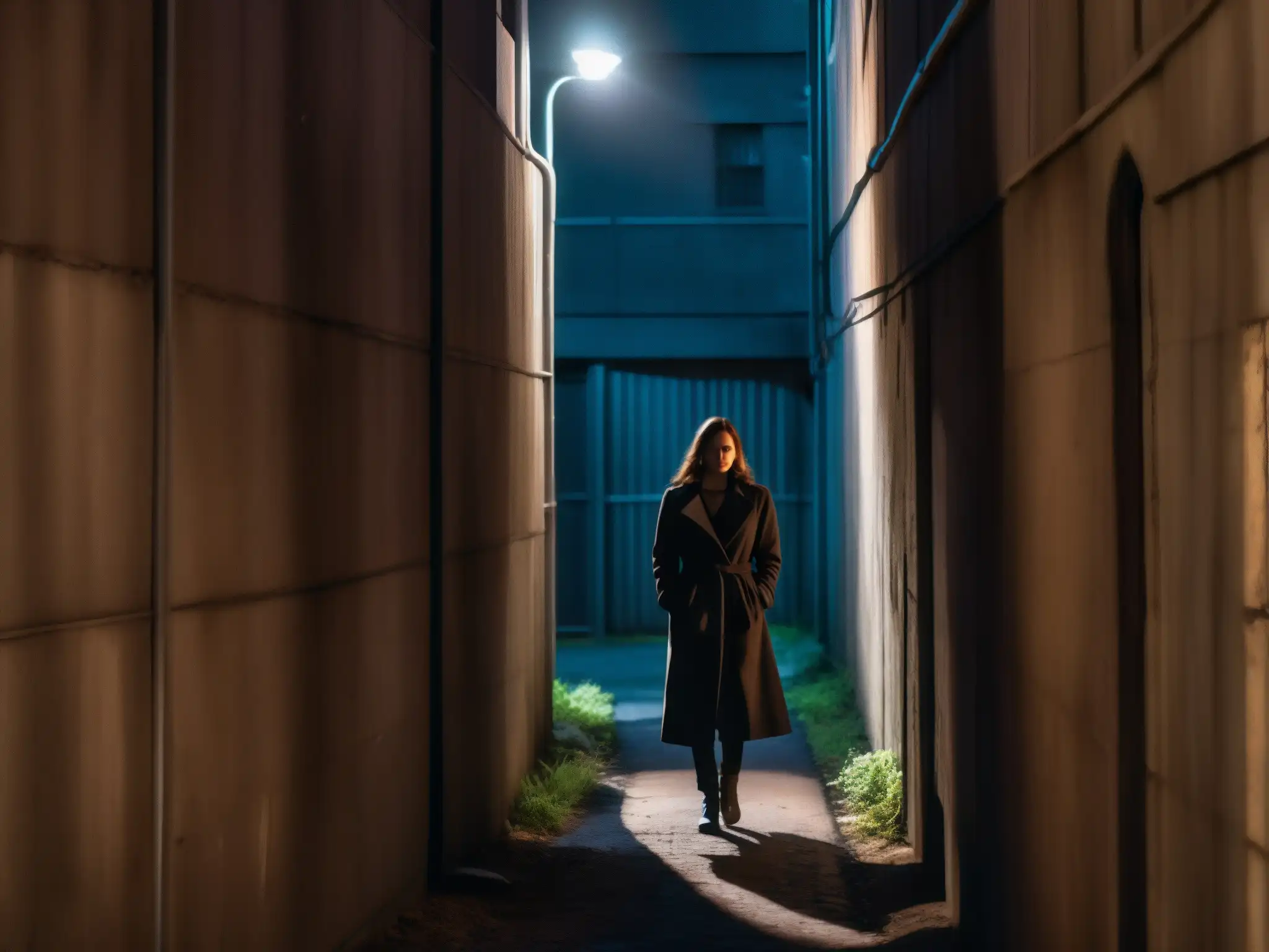 Misterio en la oscuridad: callejón nocturno Un callejón oscuro por la noche, con iluminación inquietante que proyecta sombras ominosas en las paredes