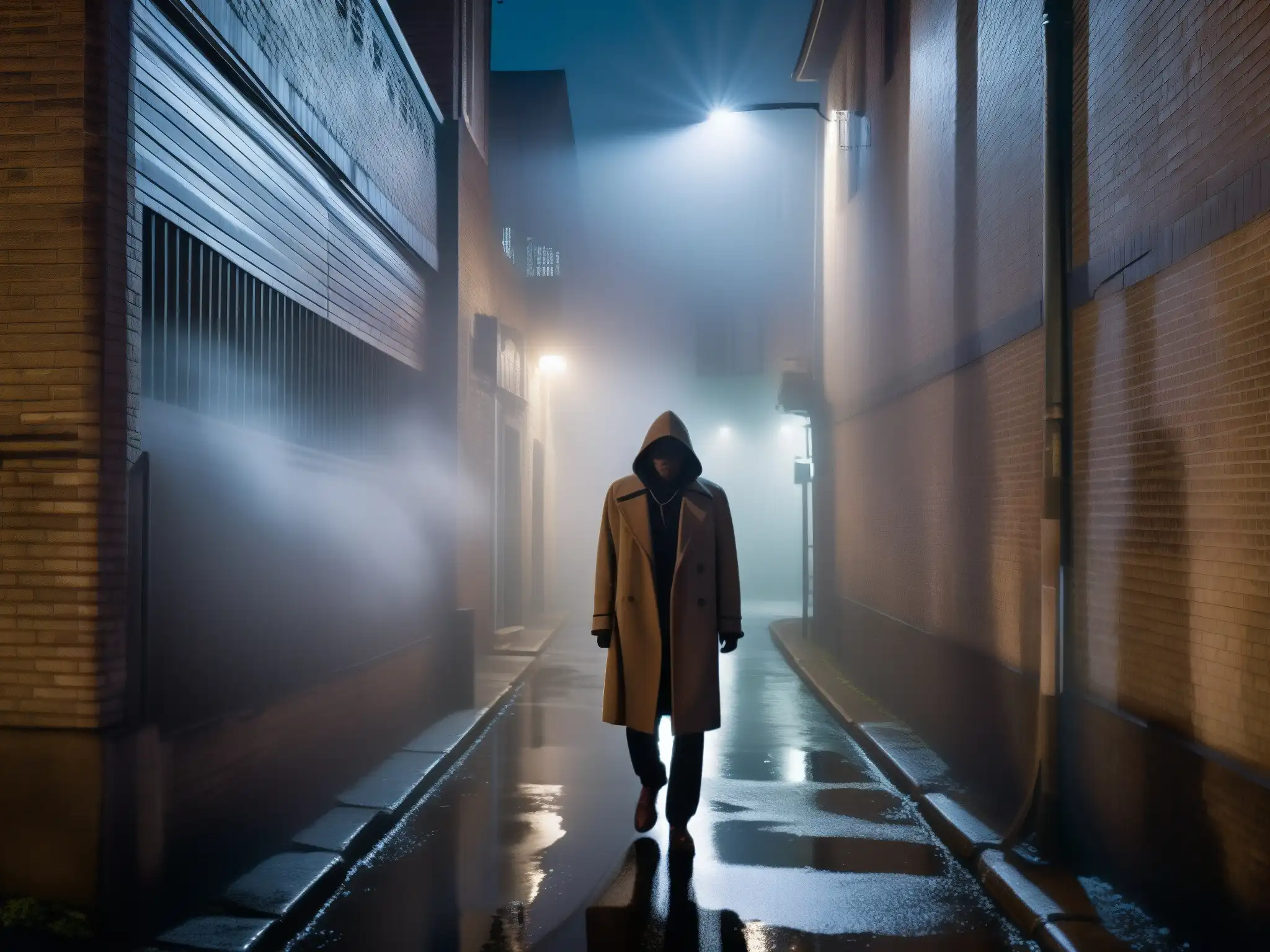 Alleyway embrujado: figura fantasmal entre la niebla Un callejón oscuro de noche con niebla y una figura fantasmal, en un estudio sobre apariciones en leyendas urbanas