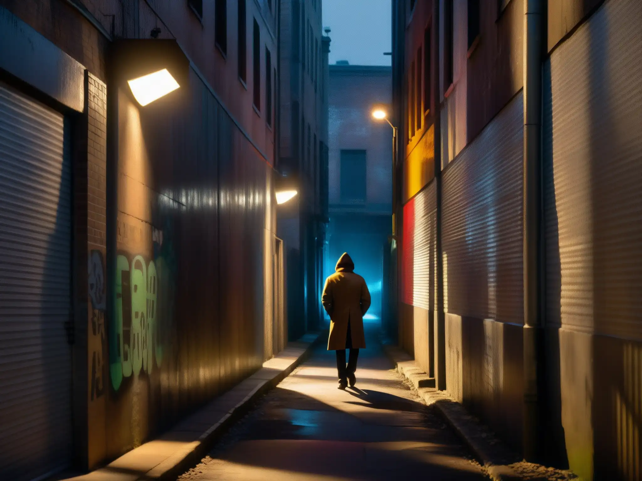 Un callejón oscuro por la noche, con paredes cubiertas de graffiti y una figura solitaria caminando en la distancia