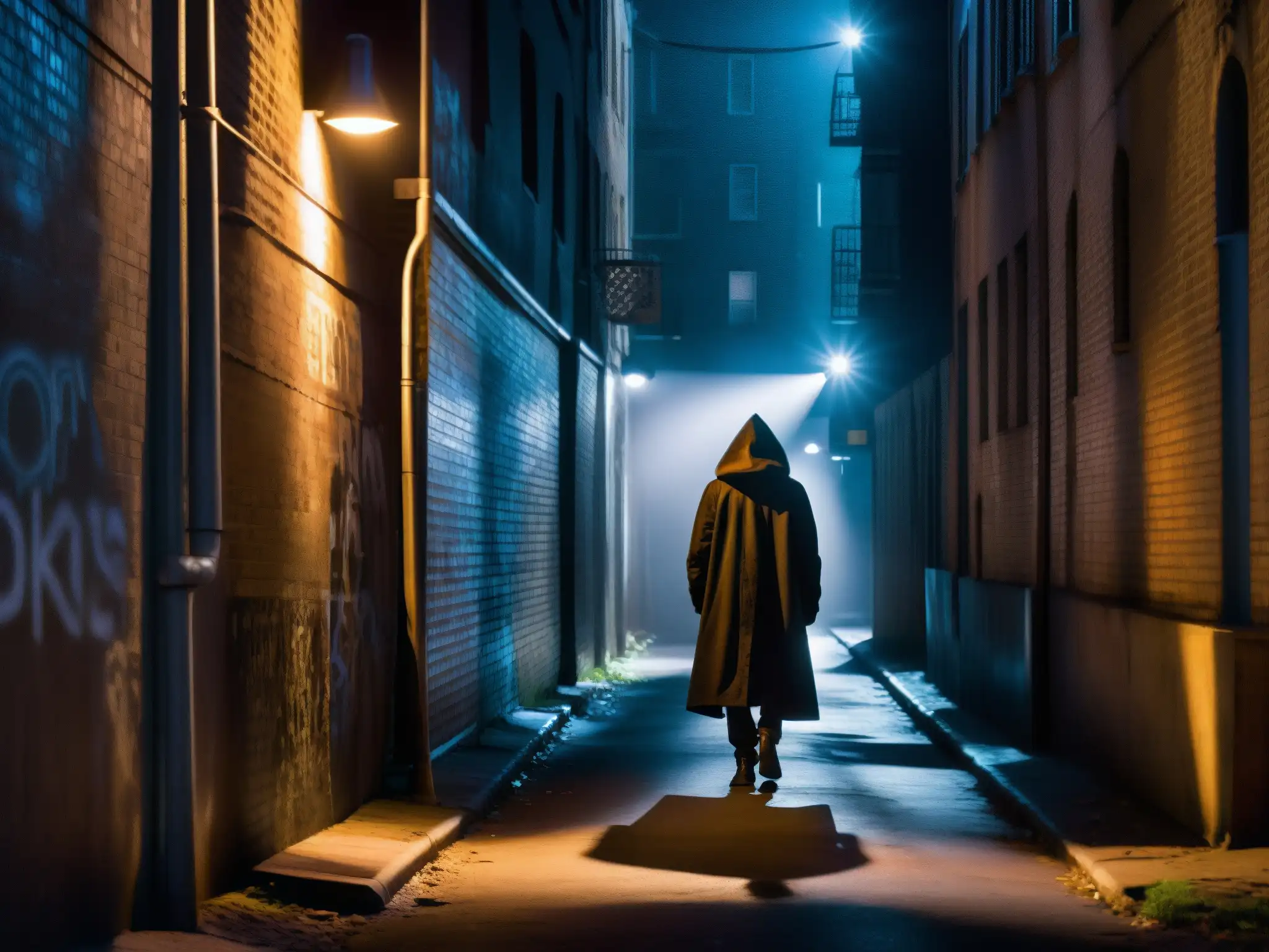 Alleyway nocturno con misterioso encapuchado Un callejón oscuro y ominoso de noche, iluminado por la luz parpadeante de una solitaria farola