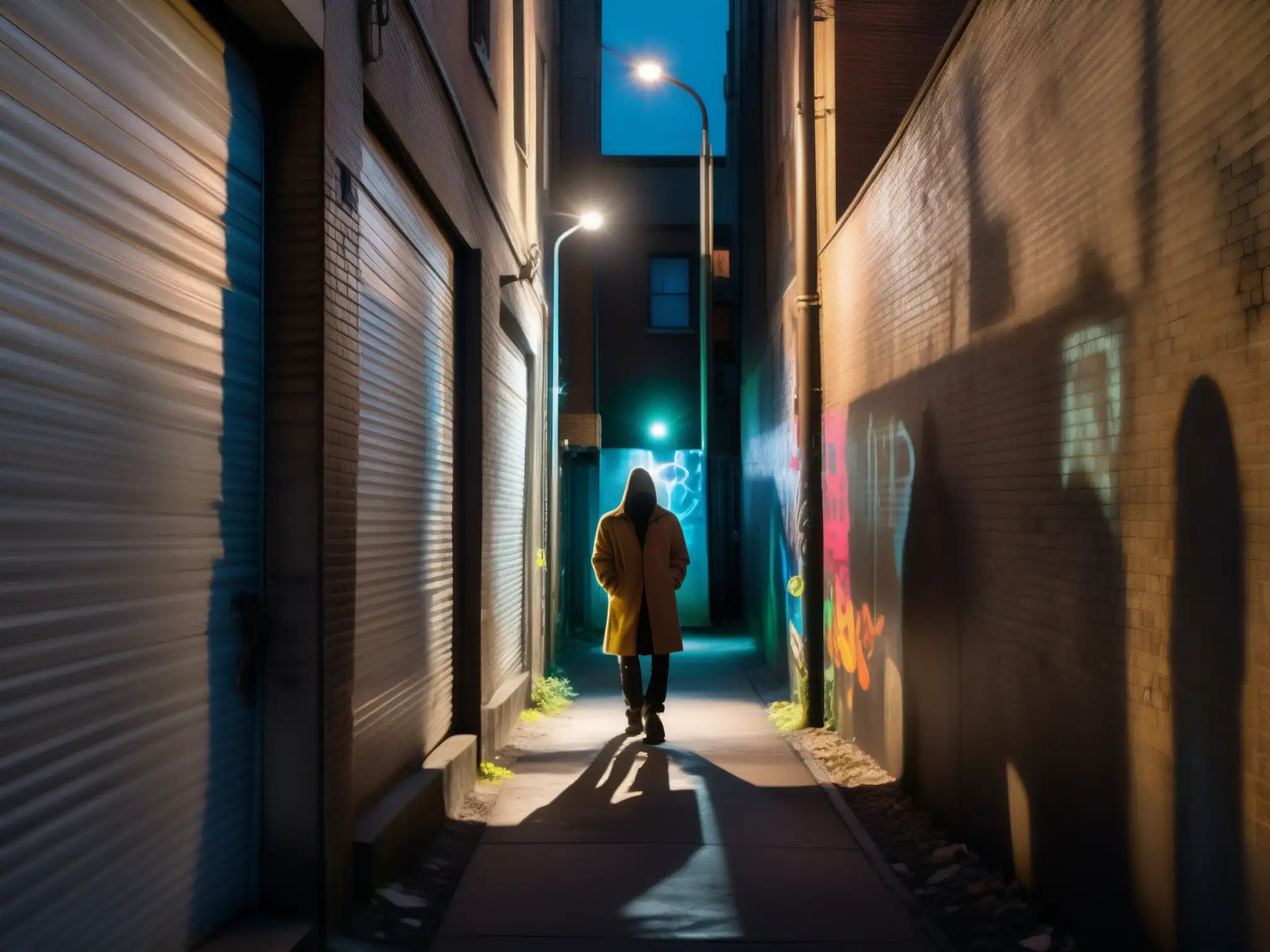 Calles embrujadas: sombras y graffiti crean un aura misteriosa Un callejón oscuro con paredes graffiteadas donde las sombras juegan trucos, creando la ilusión de figuras fantasmales