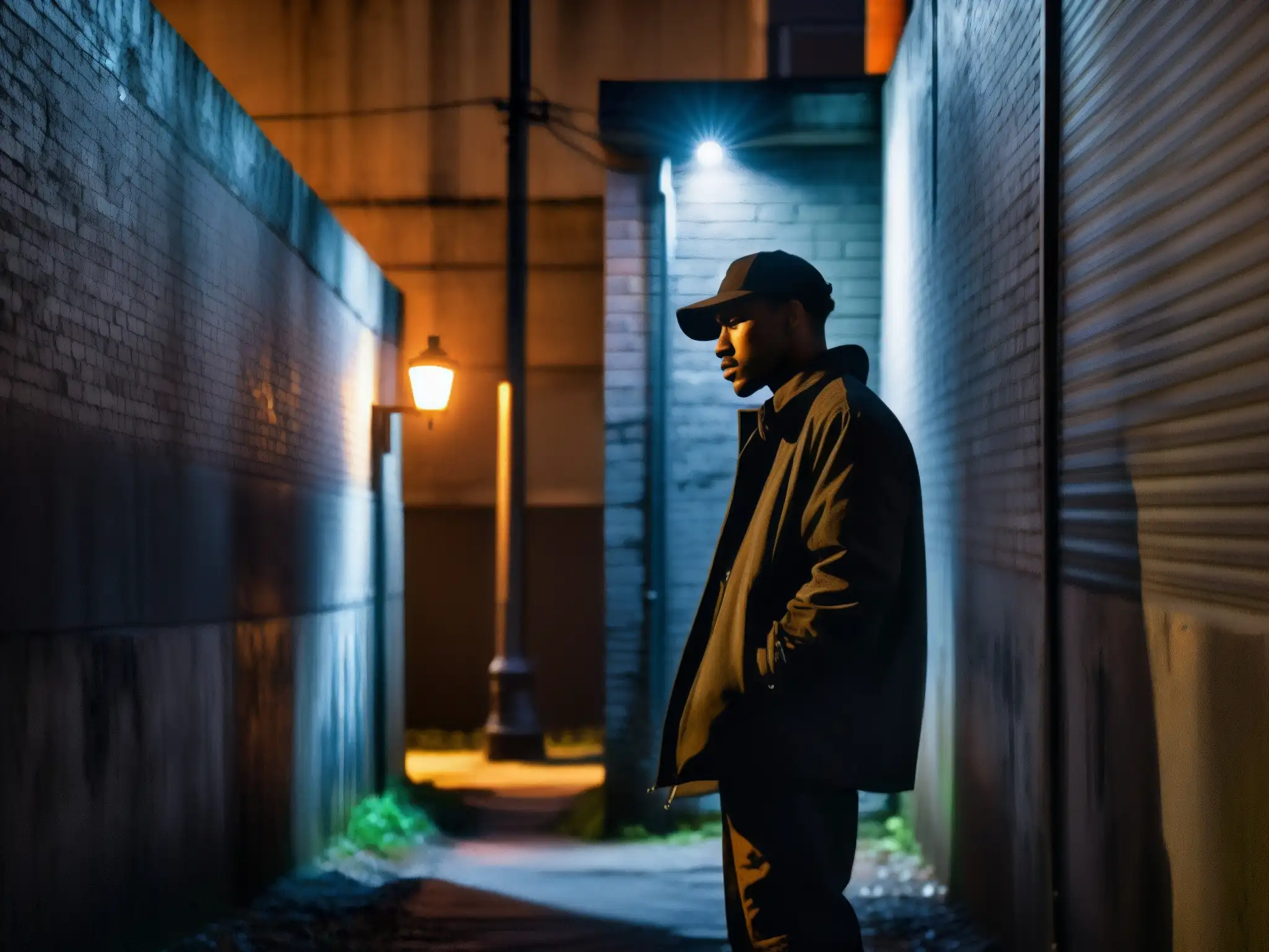 Un callejón oscuro y siniestro con una farola parpadeante que proyecta largas sombras