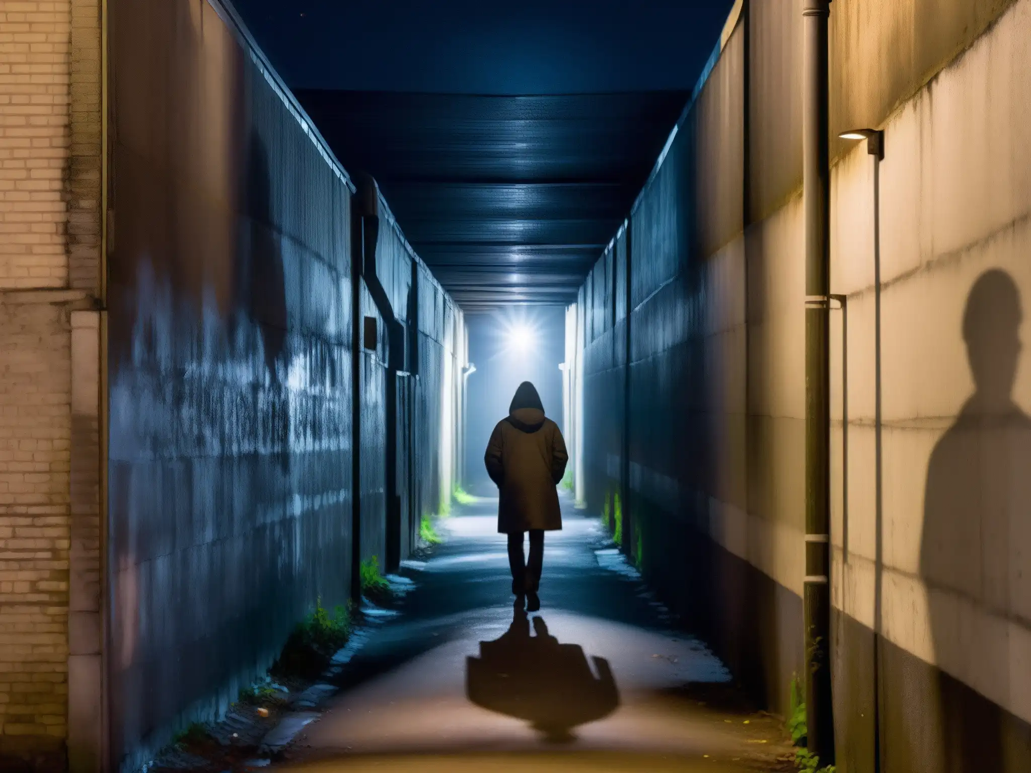 Un callejón sombrío con luces tenues y sombras inquietantes proyectadas por faroles parpadeantes