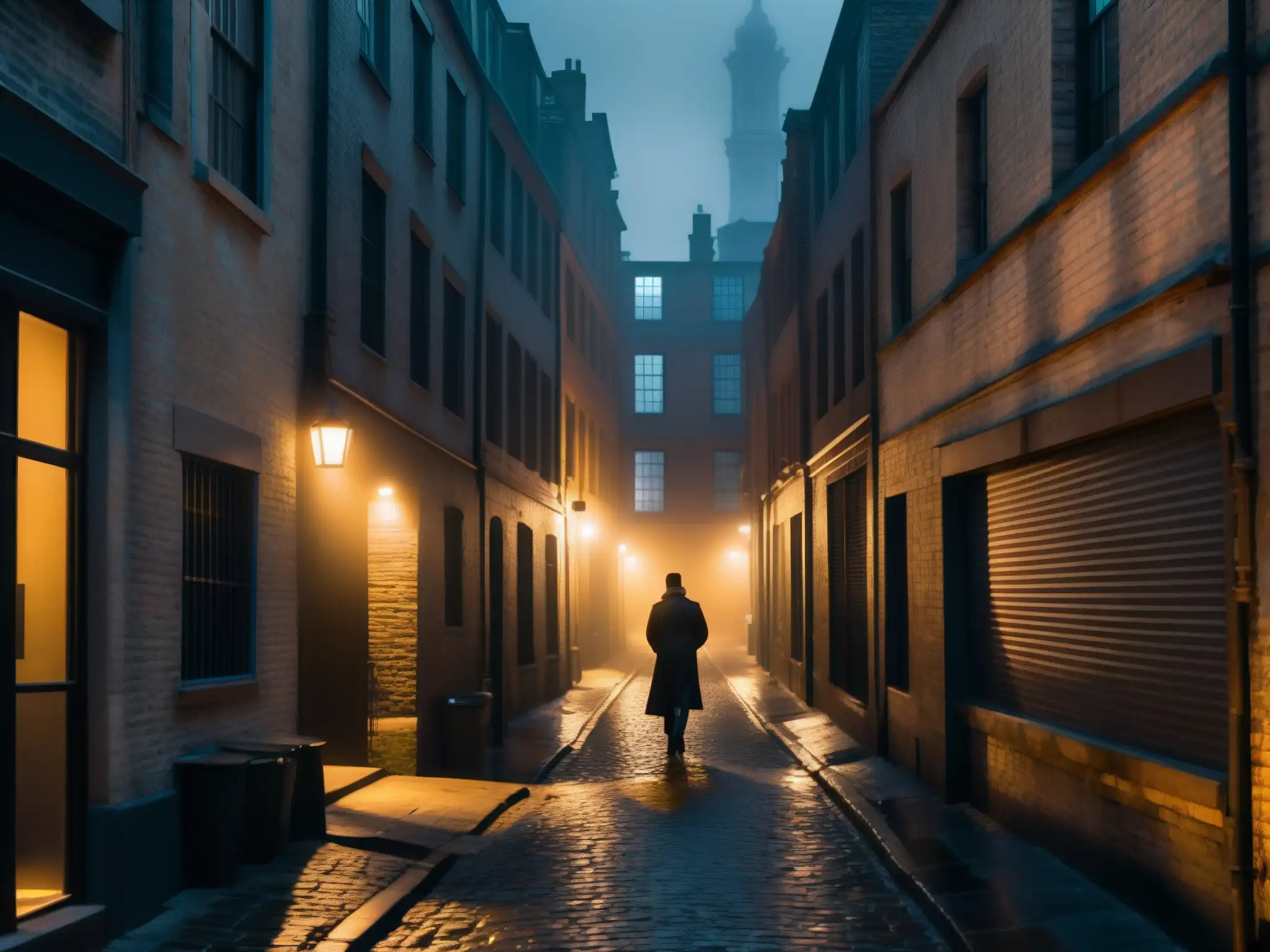 Alleyway misterioso en la ciudad Un callejón sombrío y misterioso en la ciudad, envuelto en neblina y con un personaje solitario