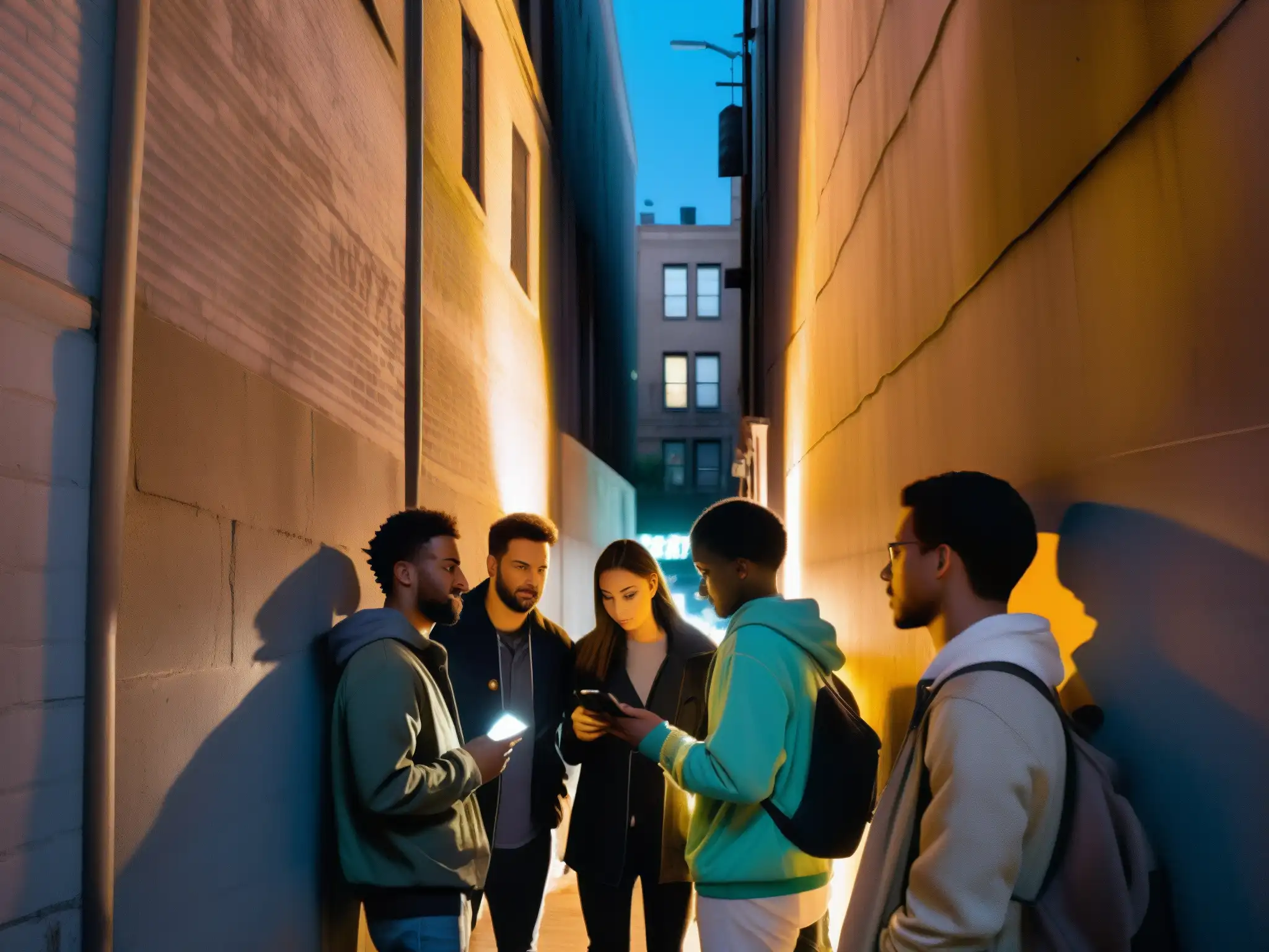 Grupo en calle oscura discute mitos urbanos en pantalla Un callejón sombrío y misterioso de noche, con grafitis en las paredes y luces parpadeantes