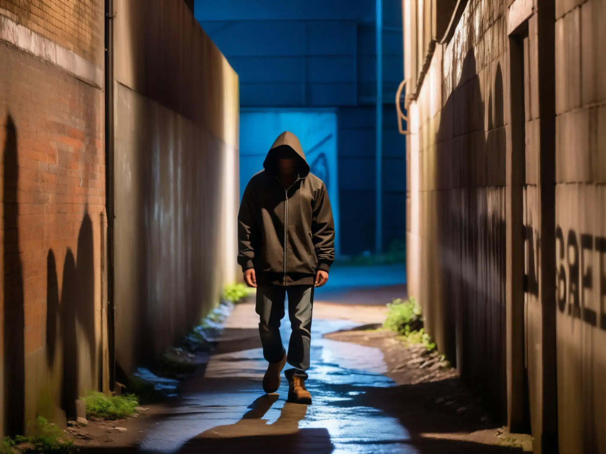 Alleyway nocturno: misterio y sombras en la ciudad Un callejón sombrío de noche con una figura misteriosa