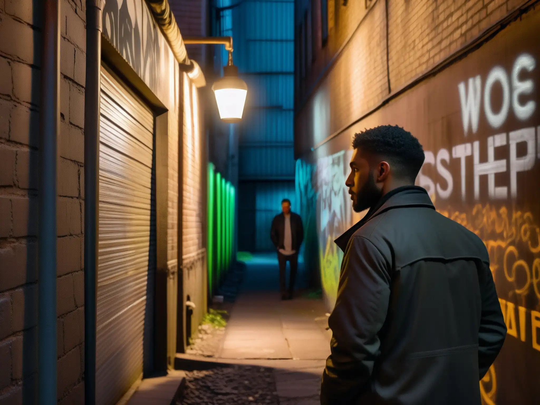 Alleyway misterioso con figura sombría Un callejón sombrío con paredes graffiteadas, iluminado por la luz tenue de farolas parpadeantes