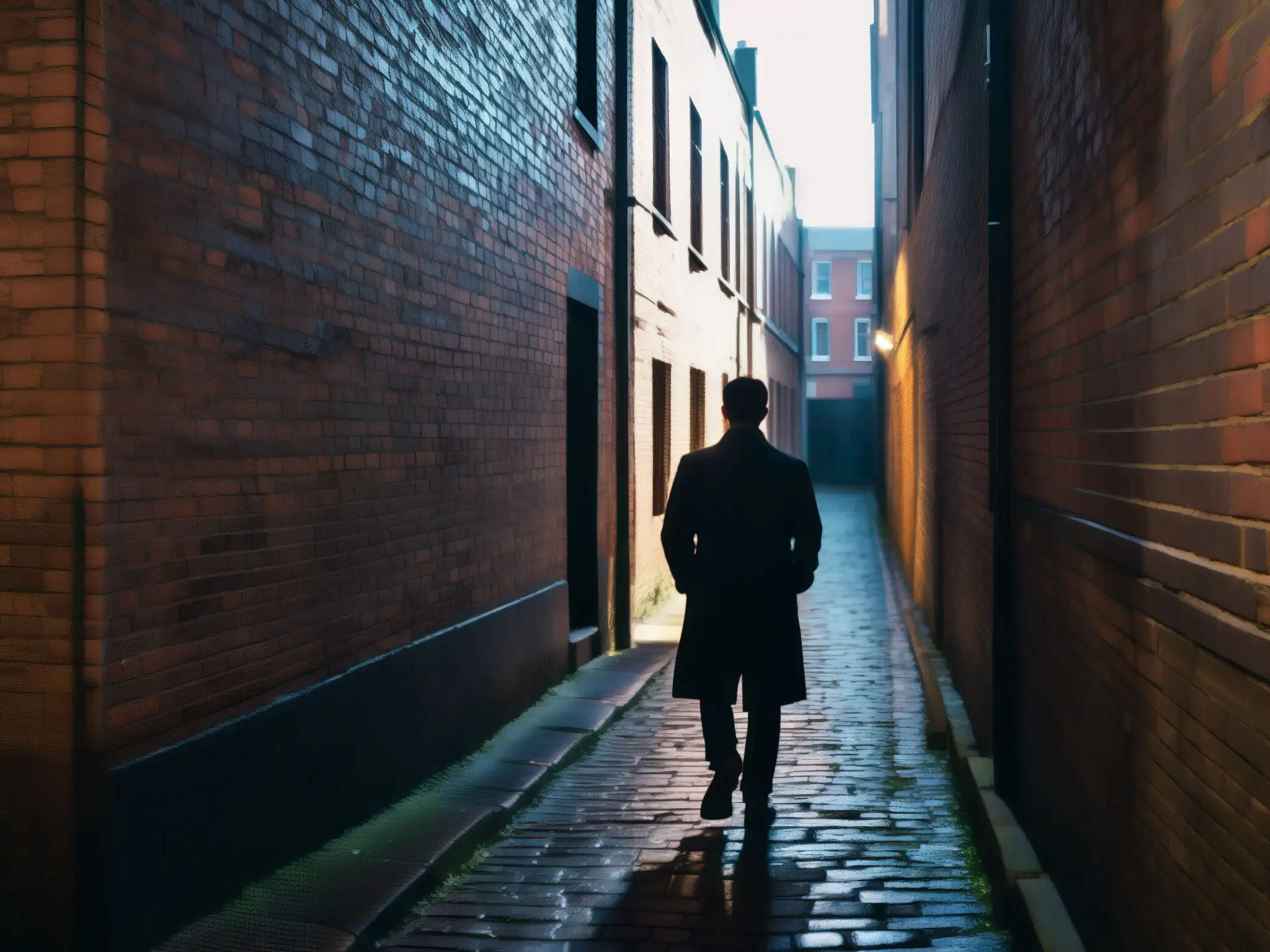 Un callejón sombrío con una silueta enigmática evoca la atmósfera de leyendas urbanas dobles