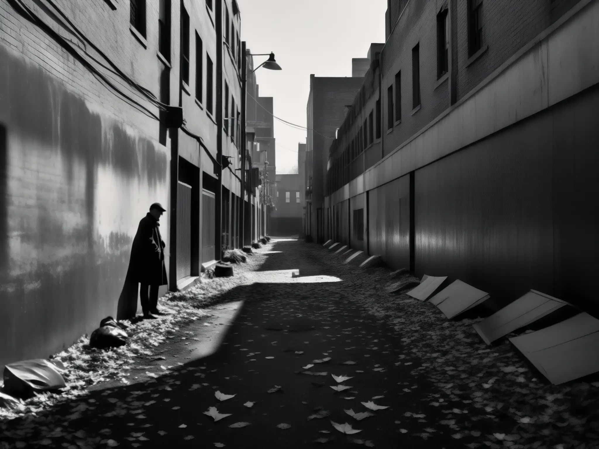 Alleyway sombría con luces fantasmales - Desolación urbana Un callejón urbano desolado en blanco y negro con luces parpadeantes