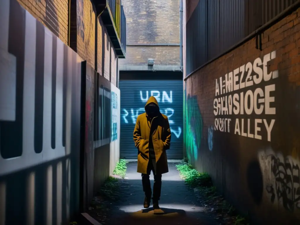 Alleyway clandestino: misterio y grafitis Un callejón urbano oscuro con paredes cubiertas de graffiti y una figura sombría al fondo, creando un ambiente tenso y misterioso