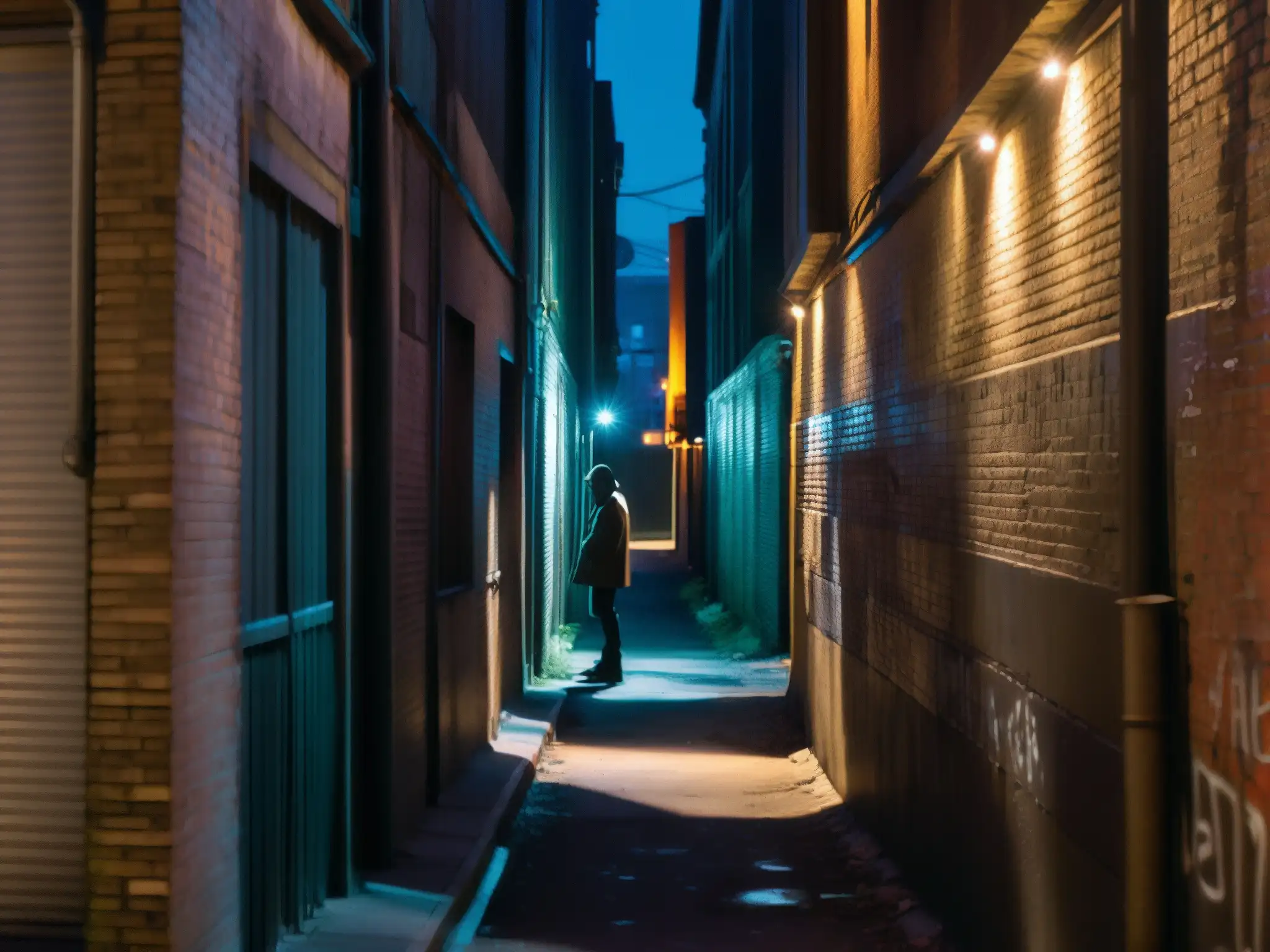 Alleyway nocturno con figura misteriosa Un callejón urbano sombrío iluminado por tenues luces de la calle, con una figura solitaria en la penumbra