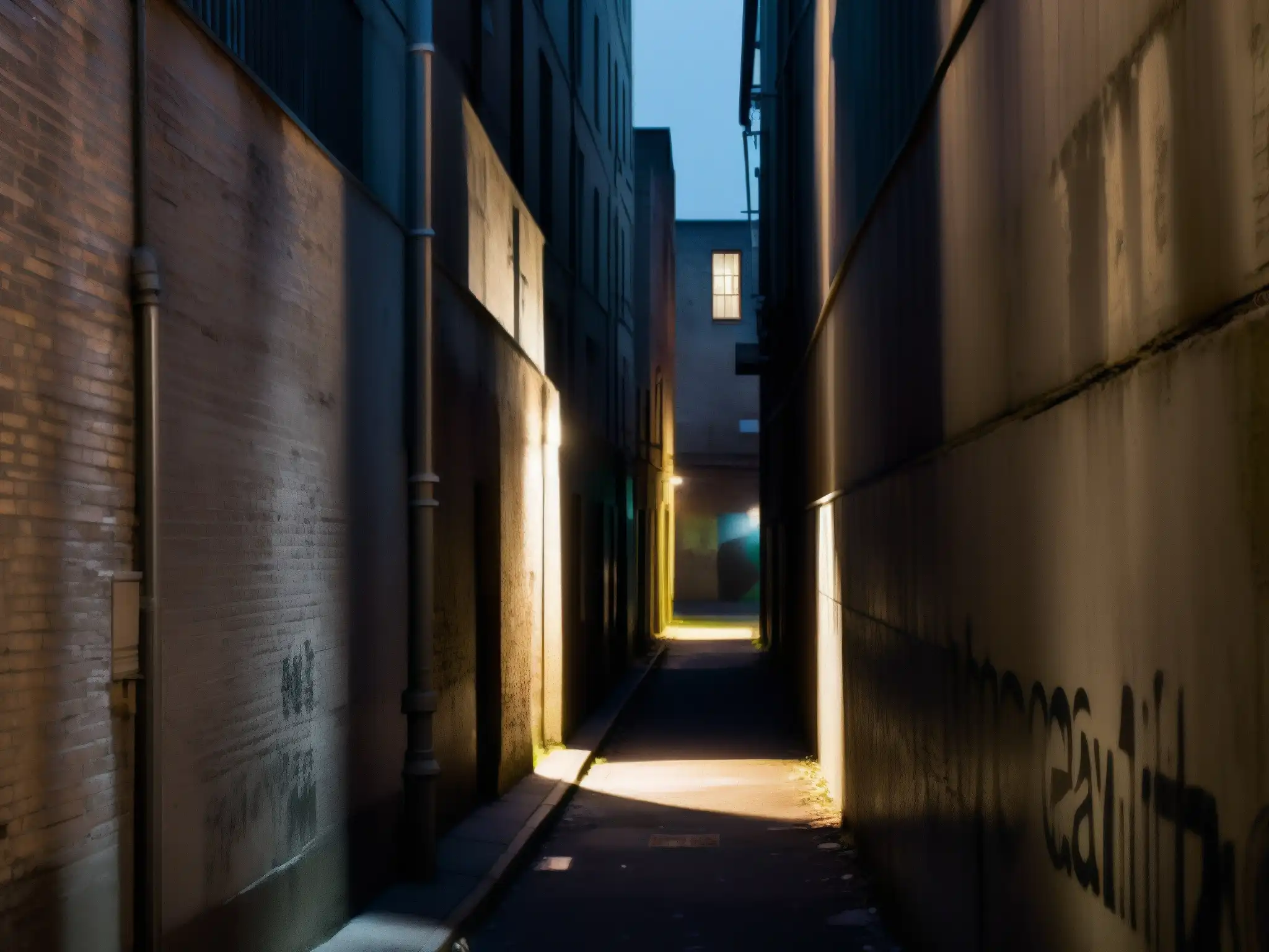 Alleyway sombrío, misterioso y desolado Un callejón urbano sombrío con luces parpadeantes y grafitis, evocando mitos y leyendas urbanas análisis