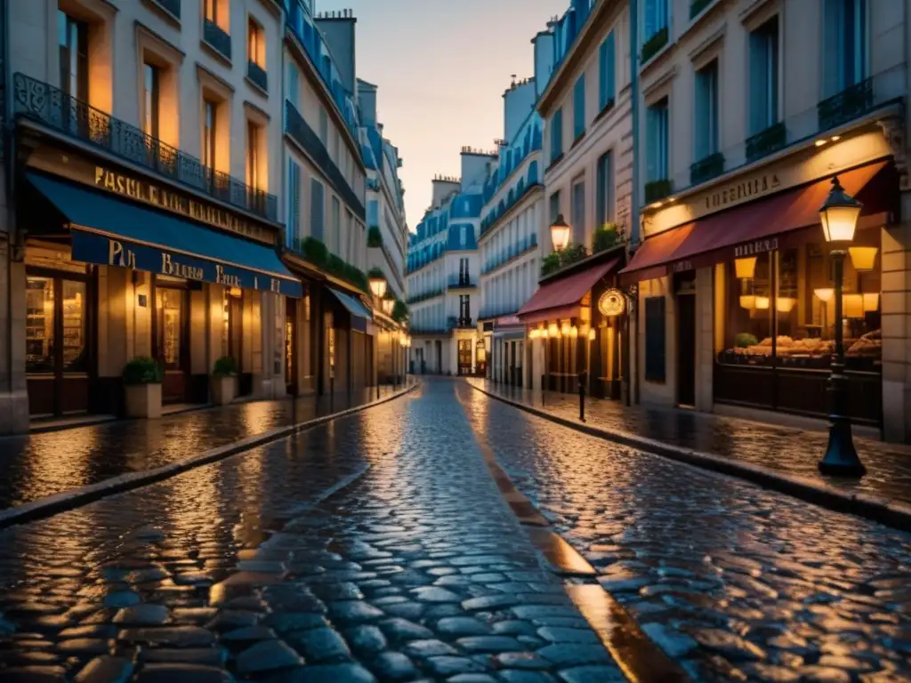 Paris al anochecer: Calles empedradas y misterio Calles empedradas de París al anochecer, con cálida luz de farolas y arquitectura histórica, evocando historia francesa y leyendas urbanas