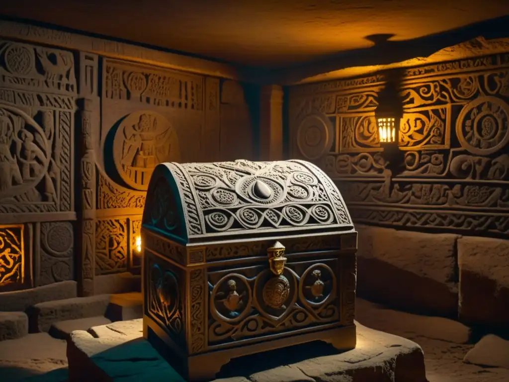 Dentro de una cámara subterránea, un cofre antiguo en un misterioso escenario de la Orden del Temple