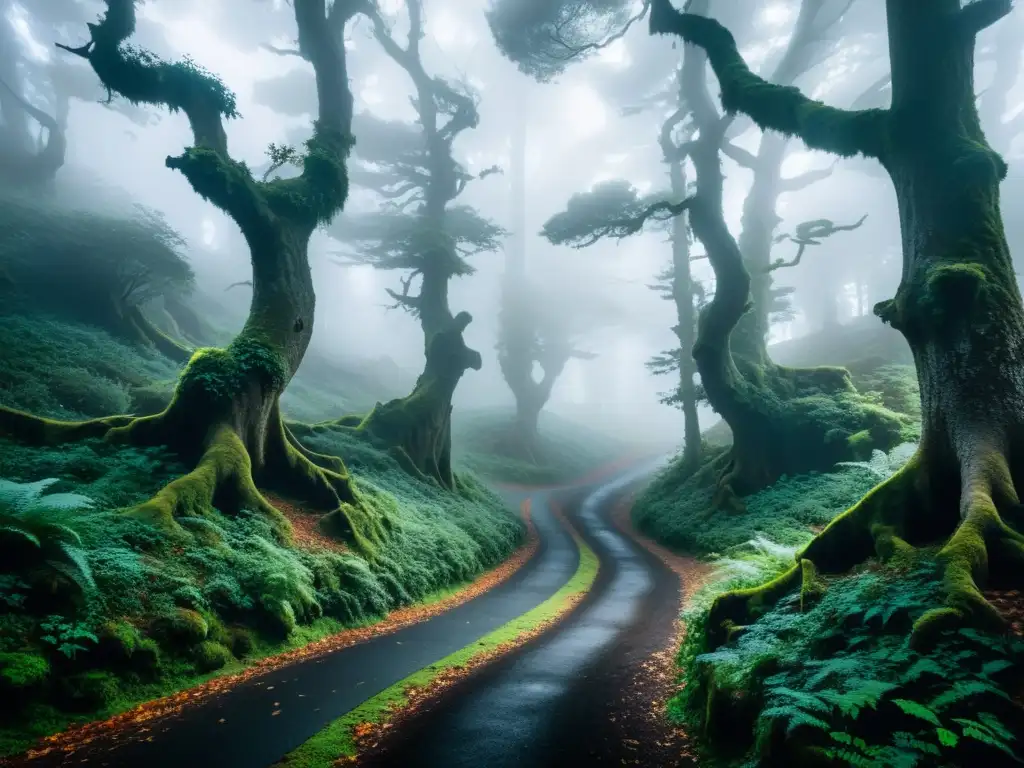Camino misterioso en un bosque gallego al anochecer, evocando el origen y significado de la Santa Compaña