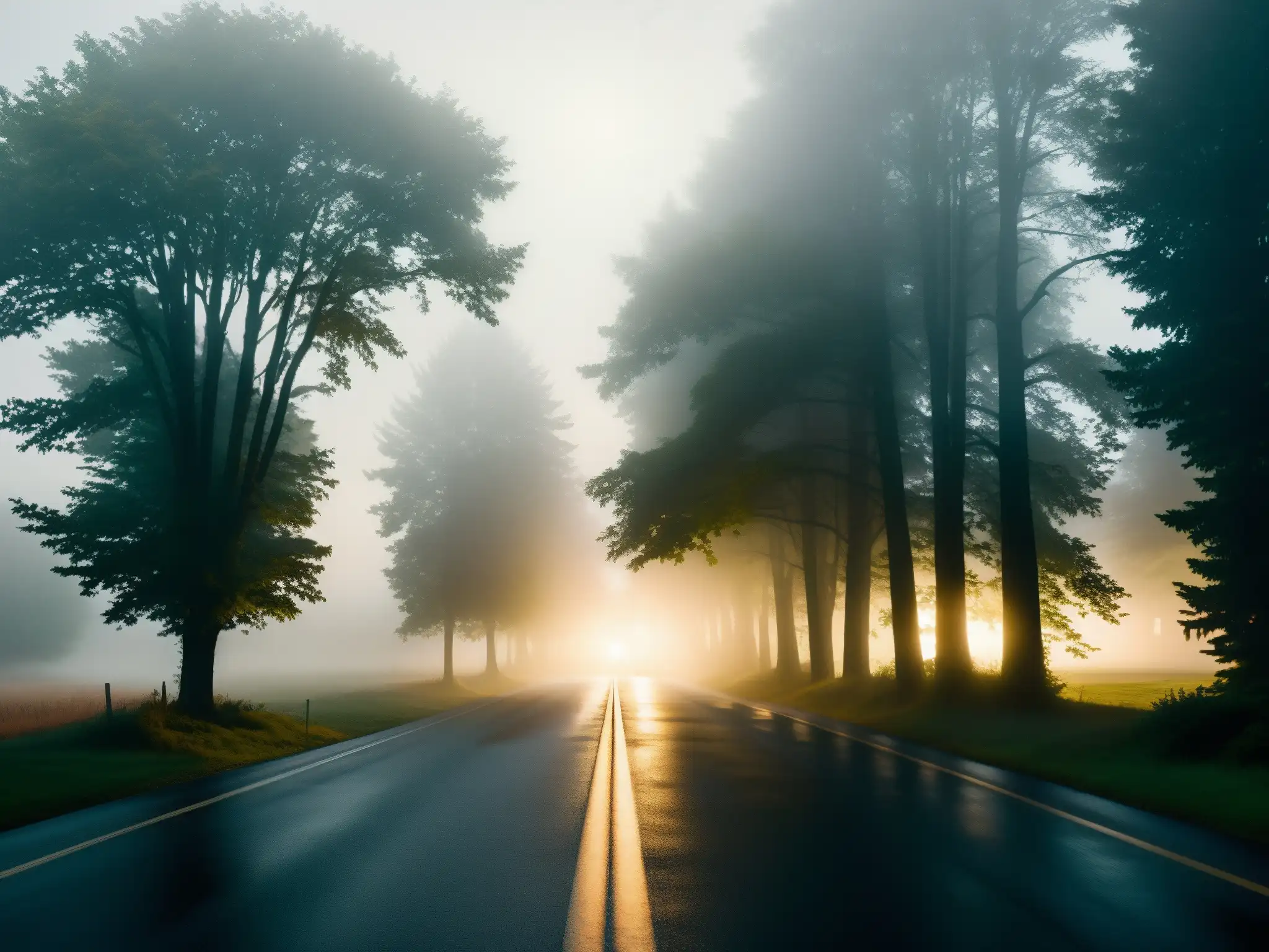 Un camino rural neblinoso en Wisconsin con árboles densos, una luz tenue y la leyenda urbana Bestia Bray Road emerge de la neblina