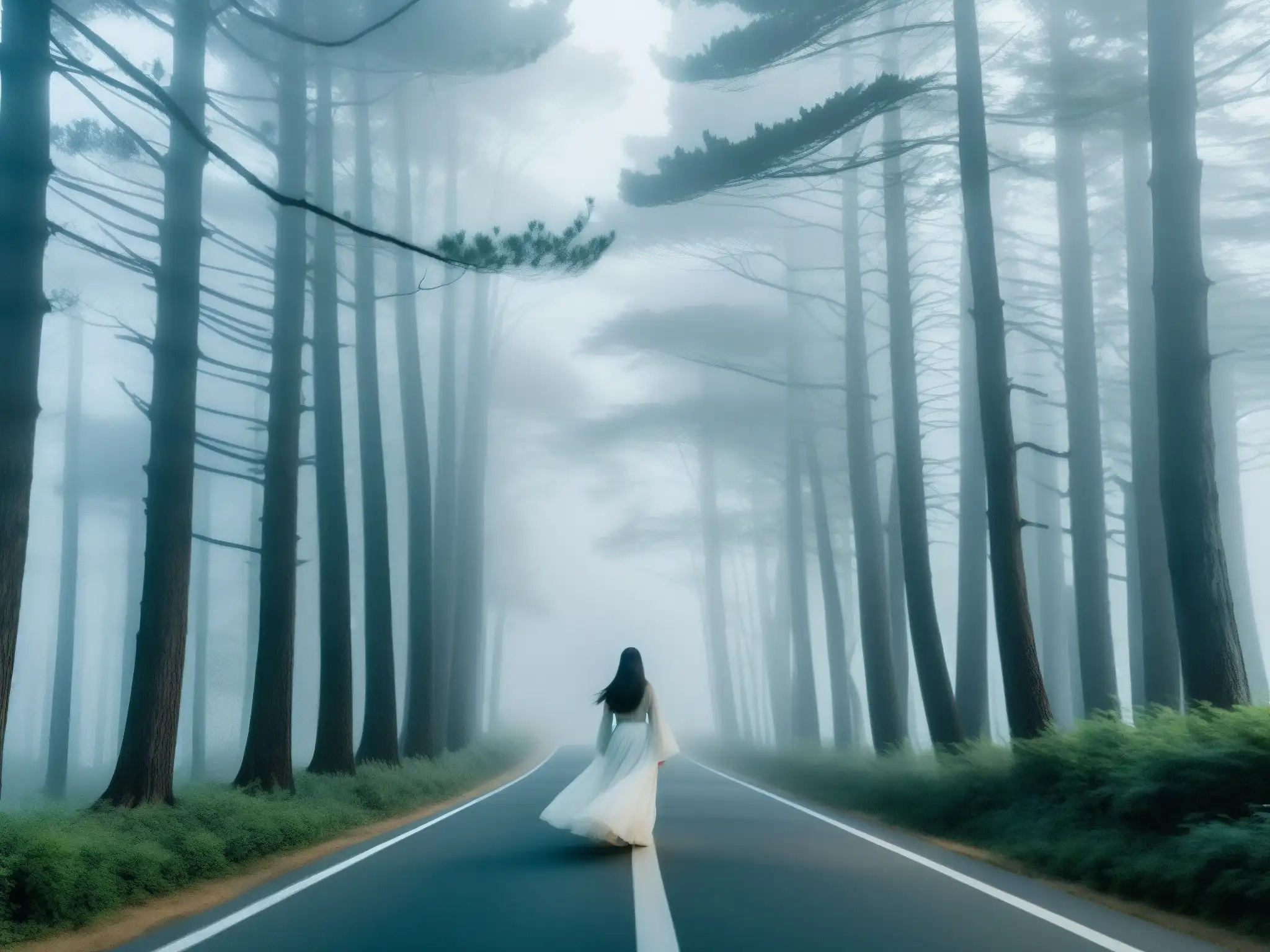 Fantasma de la Mujer de Blanco en Corea del Sur Un camino rural de Corea del Sur, envuelto en niebla y luna, donde la Mujer de Blanco parece deslizarse misteriosamente entre los árboles altos