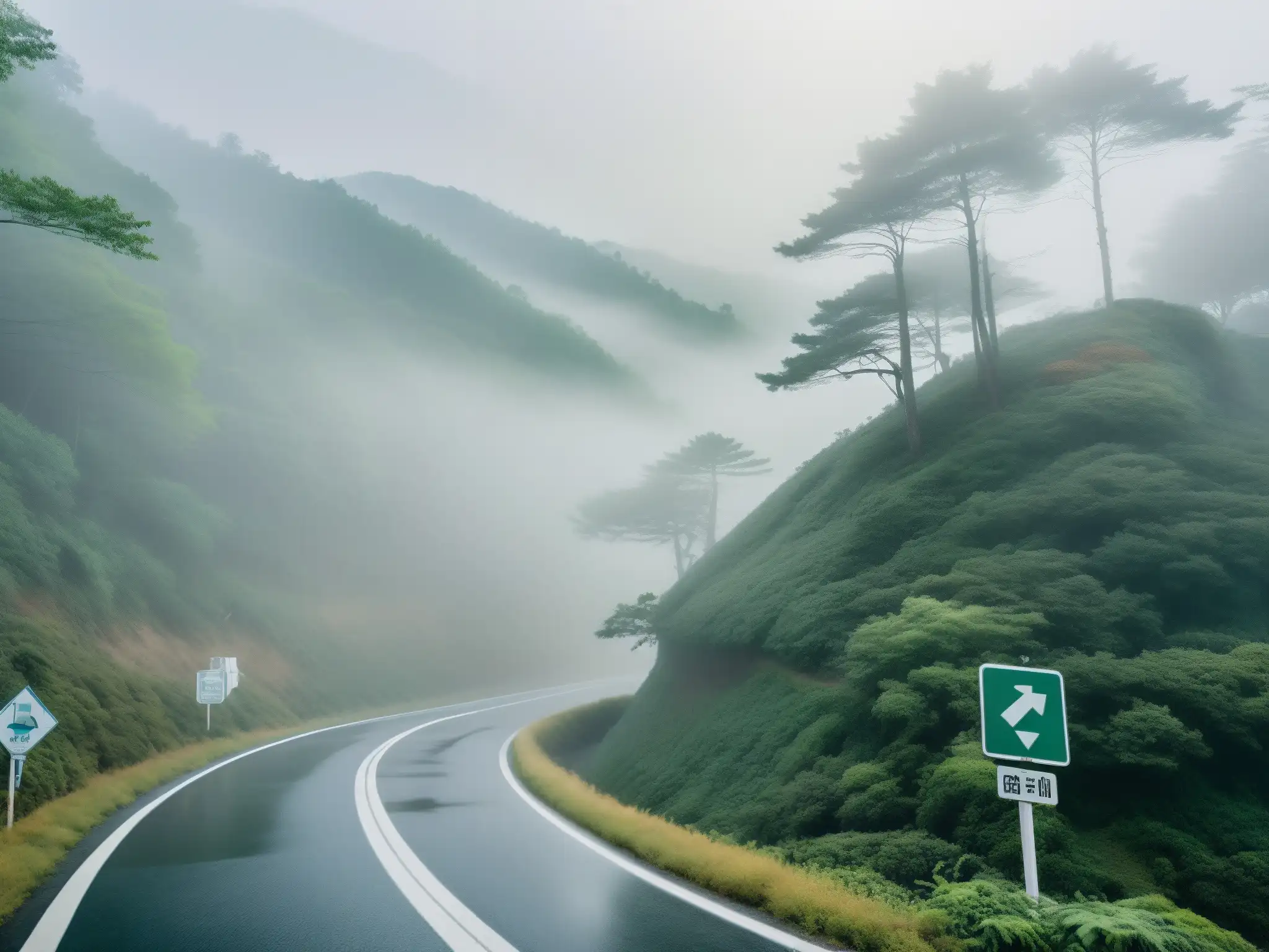 Camino misterioso en Corea del Sur: La Mujer de Blanco Un camino serpenteante y neblinoso en Corea del Sur, rodeado de densos bosques y envuelto en un silencio inquietante