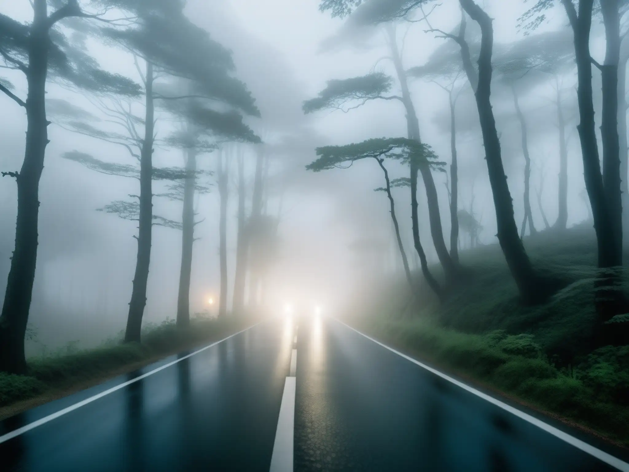 Carretera embrujada en Corea del Sur: misterio en la niebla Una carretera en la niebla de Corea del Sur, rodeada de árboles