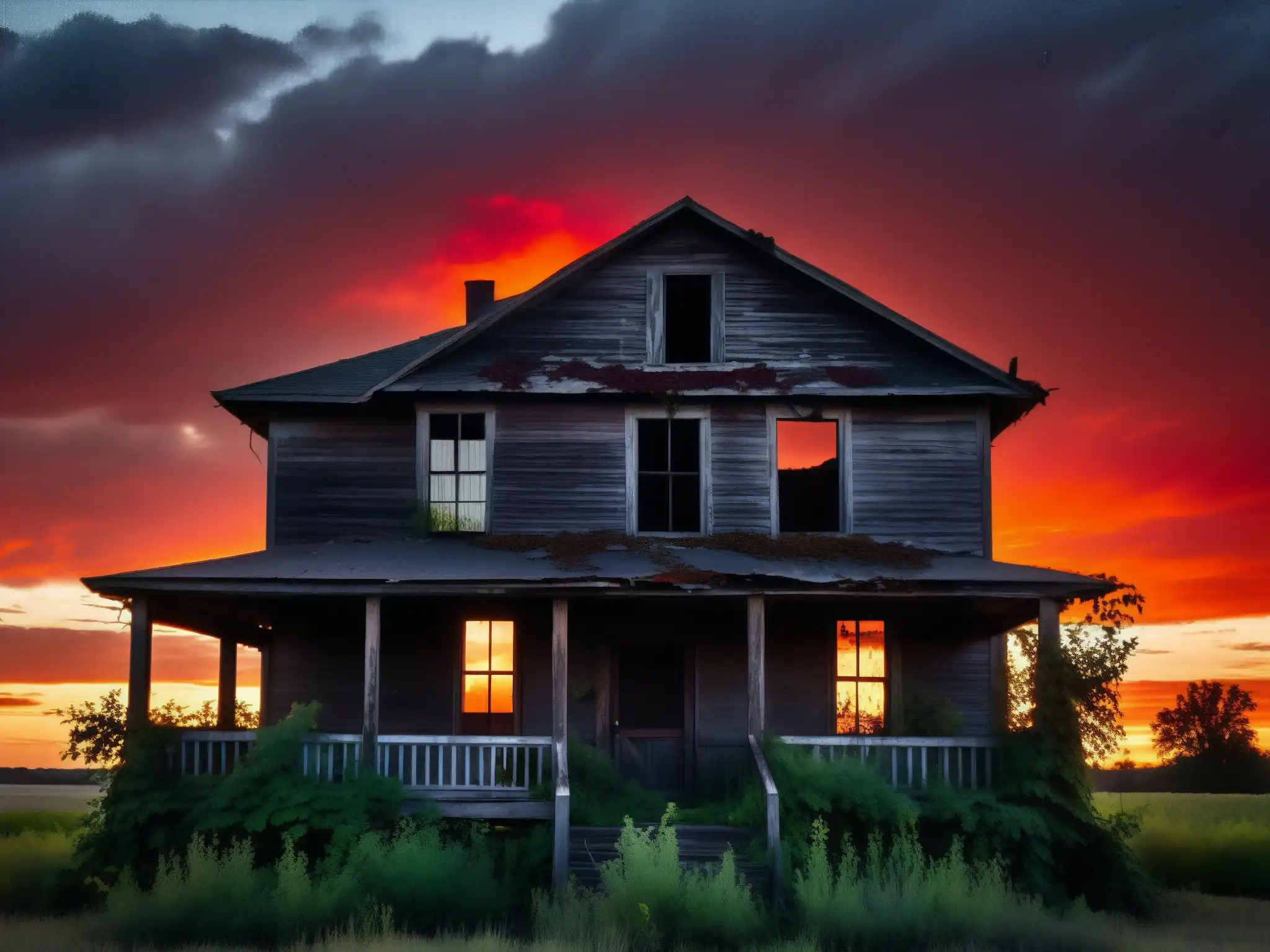 Ruinas sombrías: casa abandonada al atardecer sangriento Una casa abandonada y sombría se yergue como una silueta inquietante contra un atardecer rojizo